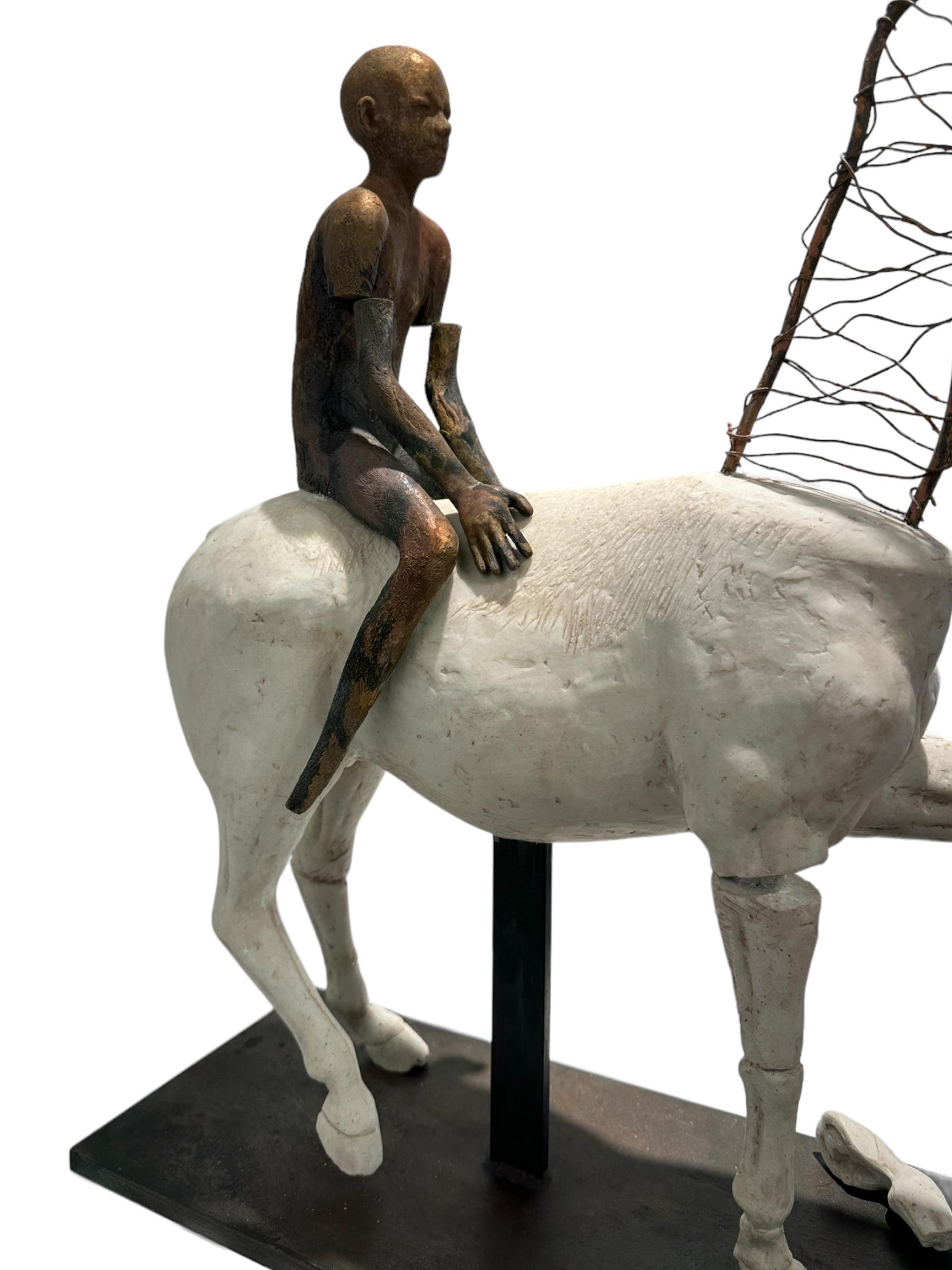 Horse I - Horse and Rider, Bronze and Artificial Stone on Steel Base For Sale 3