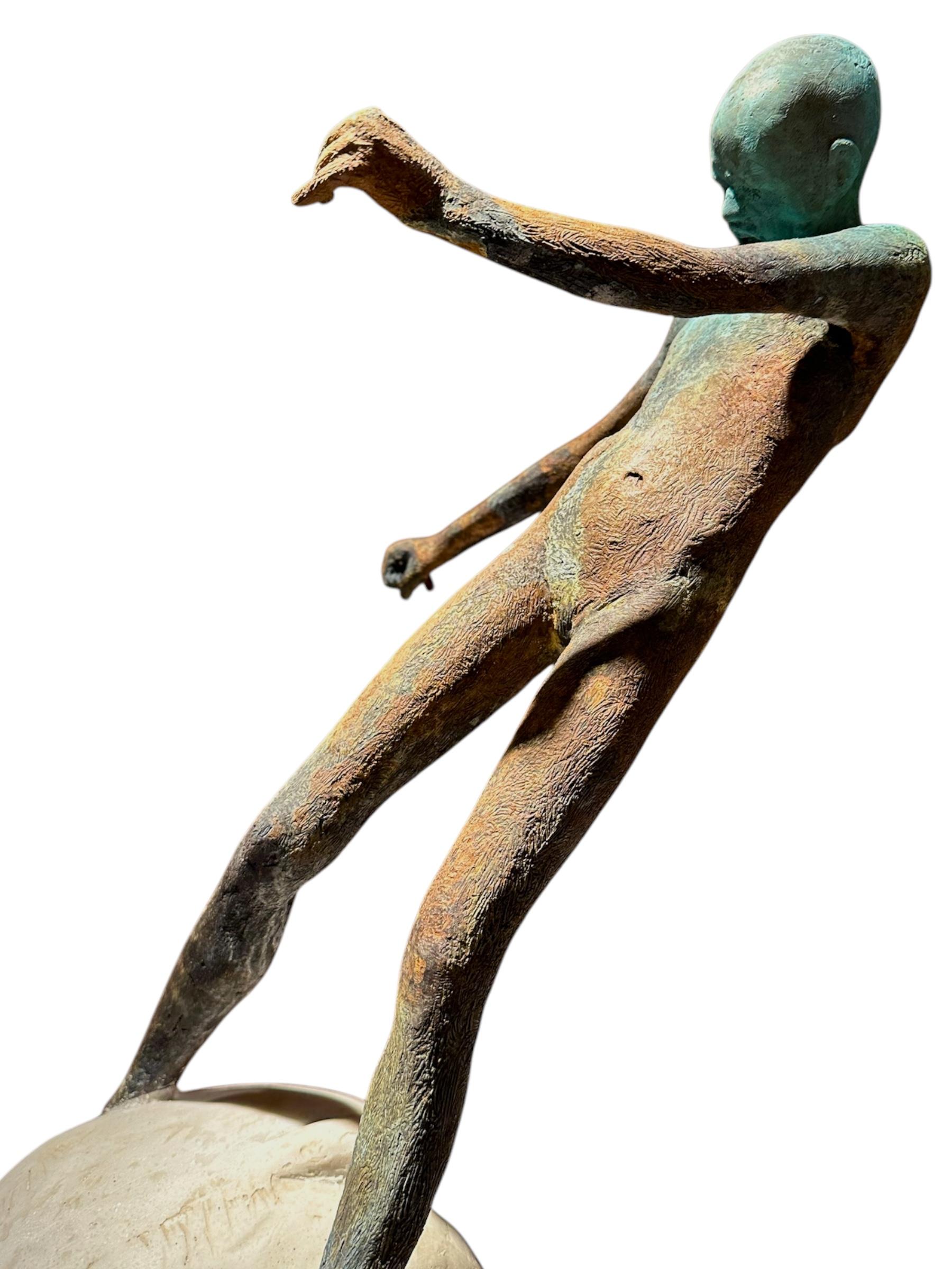 Horse II - Bronze Figure Riding Stone Carved Horse, Verdigris Patina, Steel Base For Sale 3