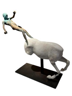 Horse II - Bronze Figure Riding Stone Carved Horse, Verdigris Patina, Steel Base