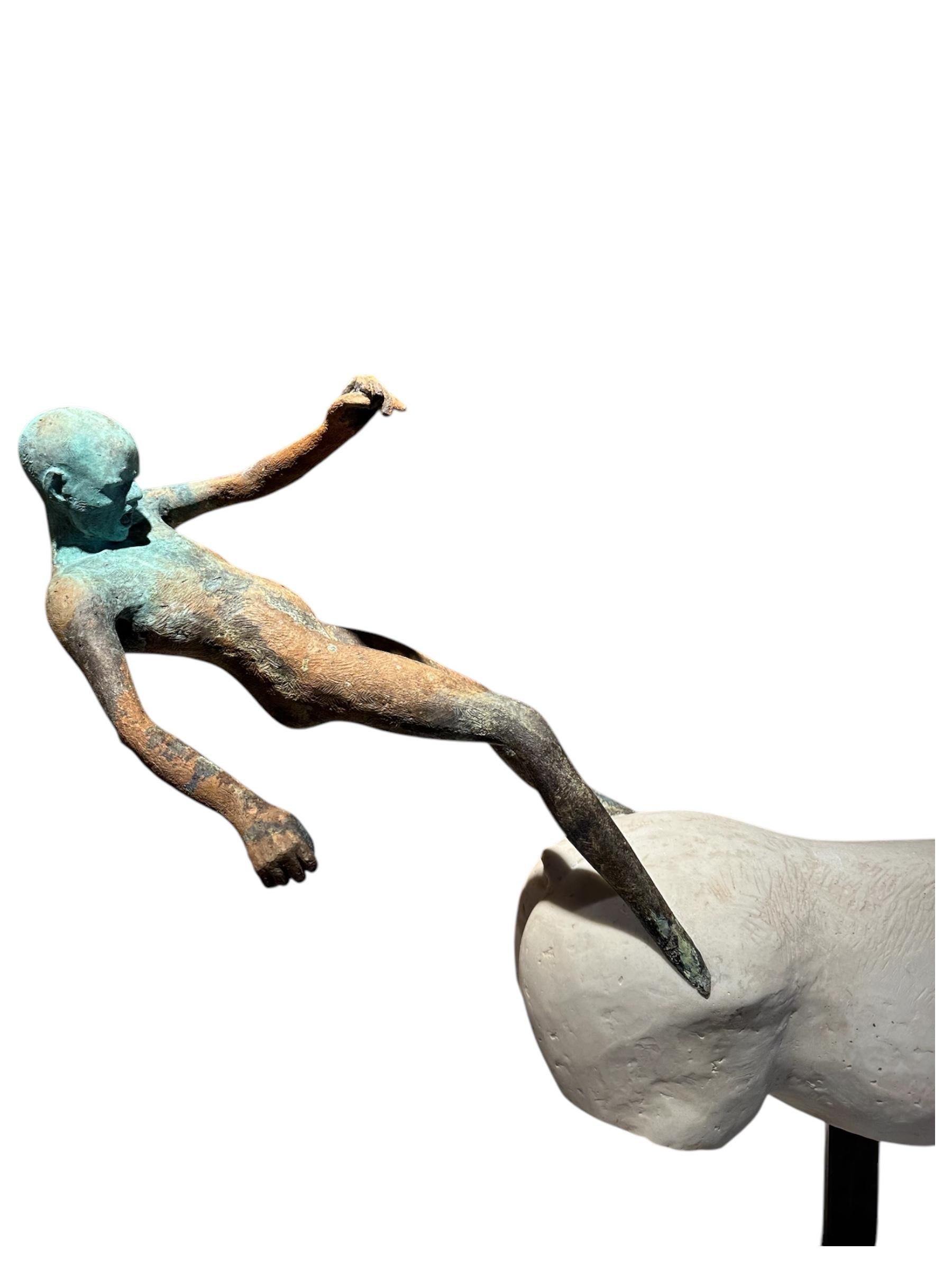 Horse II - Bronze Figure Riding Stone Carved Horse, Verdigris Patina, Steel Base - Contemporary Sculpture by Jesus Curia Perez
