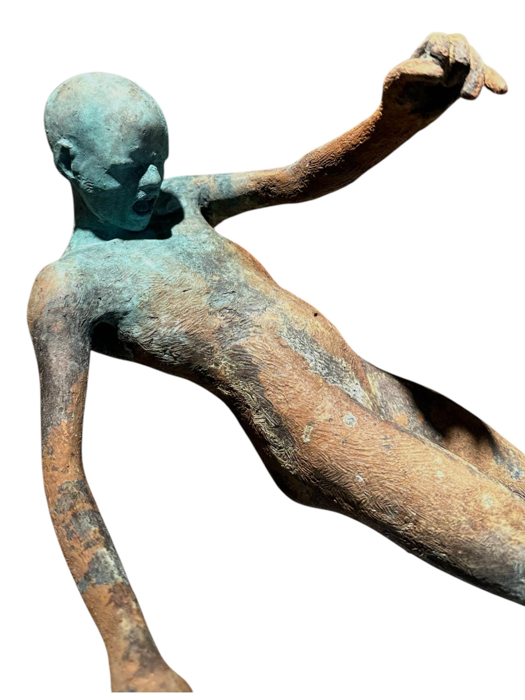 Horse II - Bronze Figure Riding Stone Carved Horse, Verdigris Patina, Steel Base - Gold Abstract Sculpture by Jesus Curia Perez