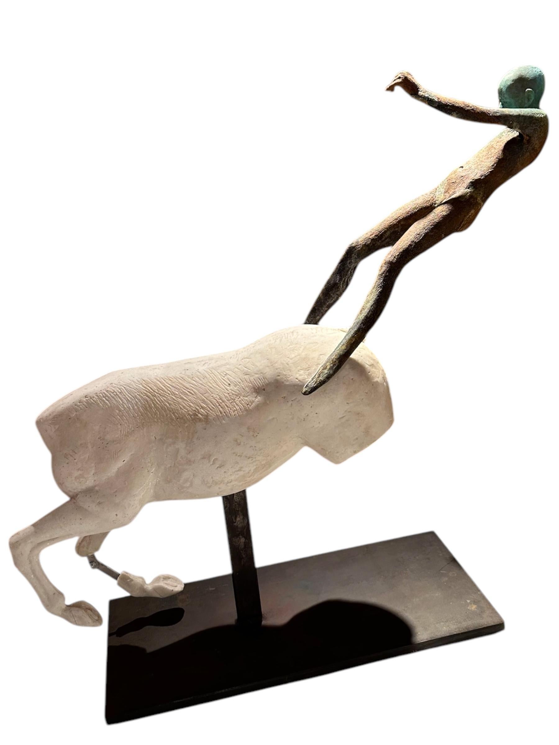 Horse II - Bronze Figure Riding Stone Carved Horse, Verdigris Patina, Steel Base For Sale 2