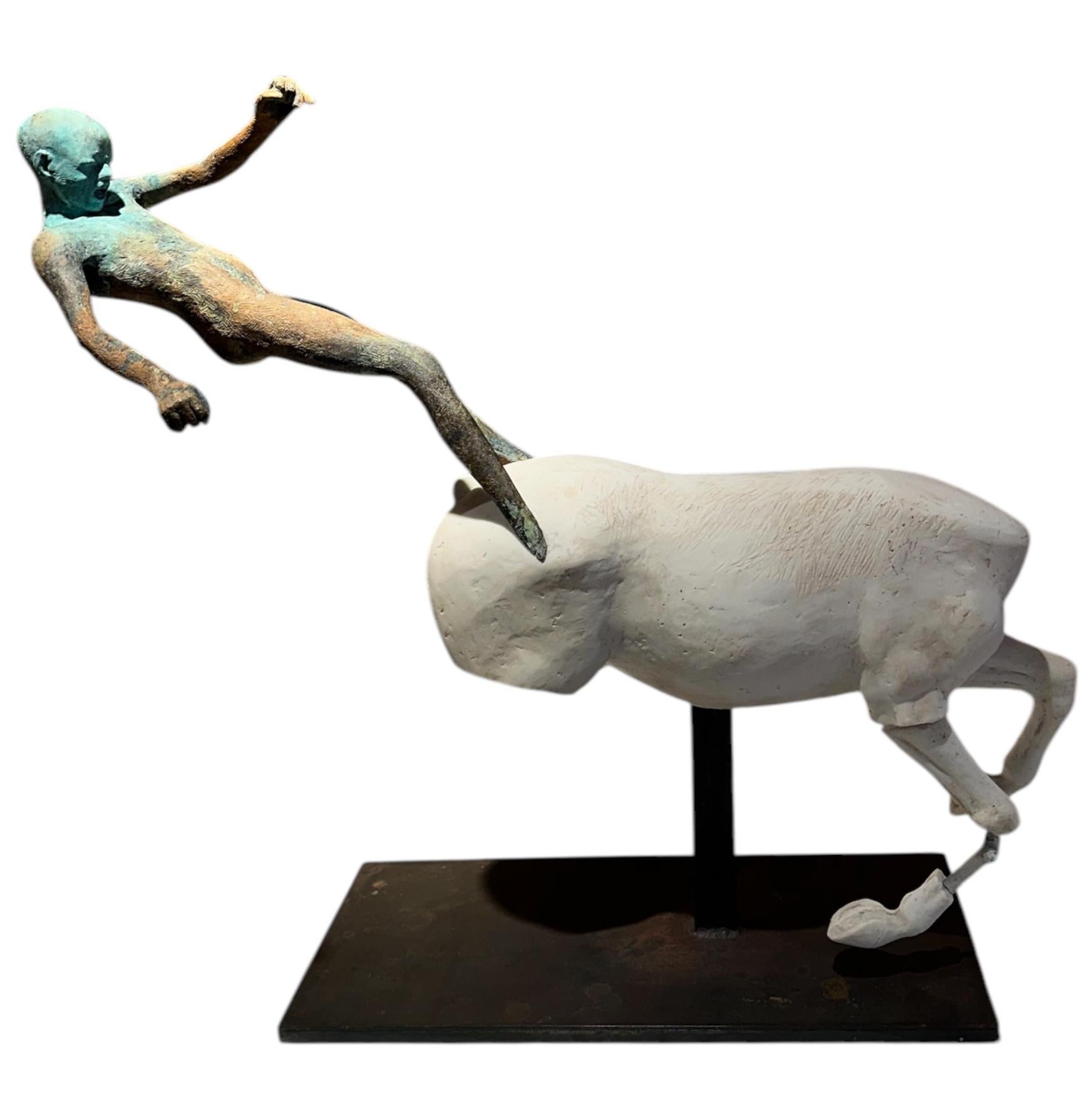 Horse II - Bronze Figure Riding Stone Carved Horse, Verdigris Patina, Steel Base