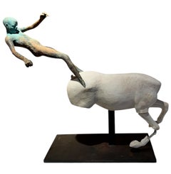 Horse II - Bronze Figure Riding Stone Carved Horse, Verdigris Patina, Steel Base