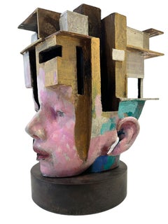 House - Bronze Head with Cubist Aspects, Colored Patinas on a Steel Base
