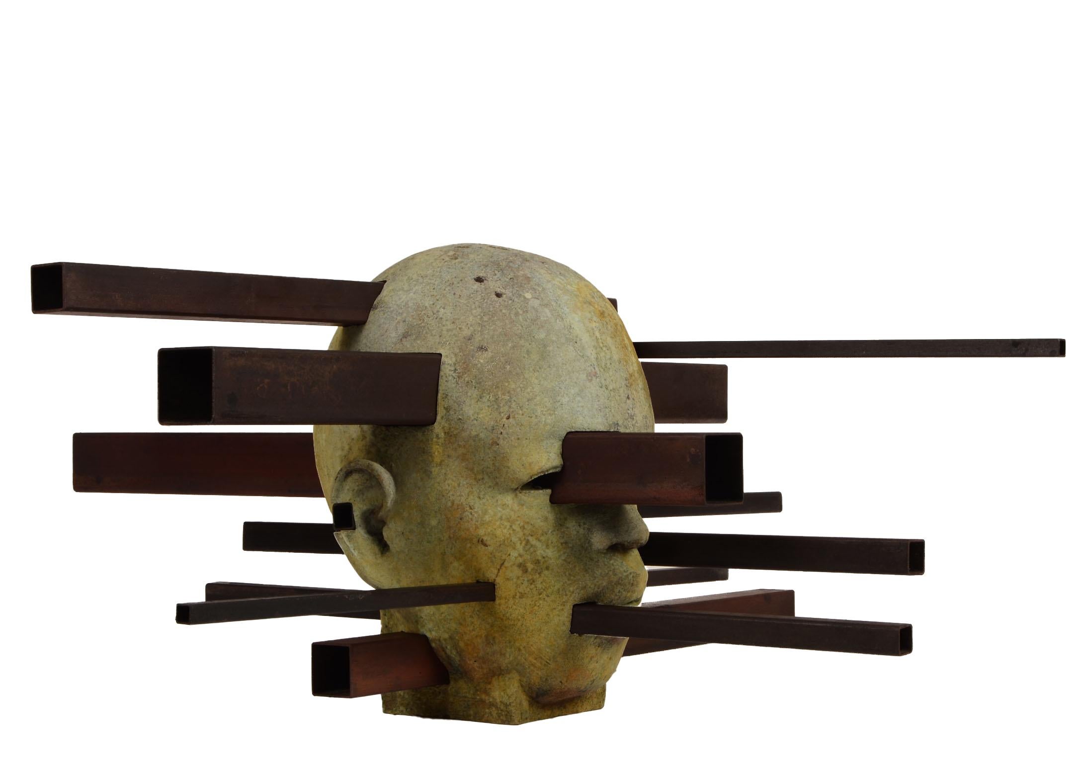 Interaction - Abstracted Bronze Bust, Rich Green Patina, Rusted Steel - Sculpture by Jesus Curia Perez