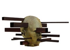 Interaction - Abstracted Bronze Bust, Rich Green Patina, Rusted Steel