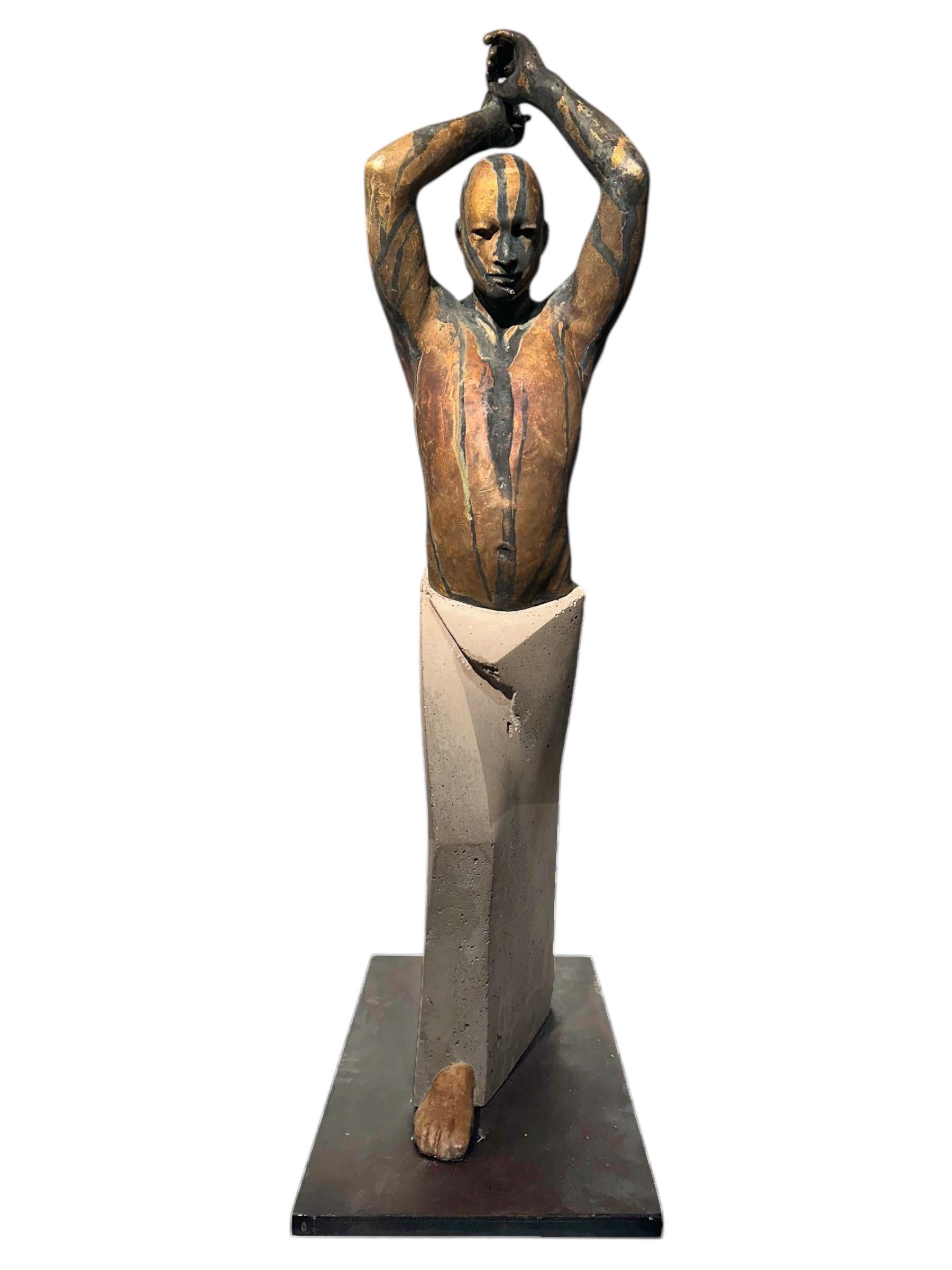 Kendo II - Figure, with Arms in Throwing Position, Bronze & Artificial Stone - Gold Figurative Sculpture by Jesus Curia Perez