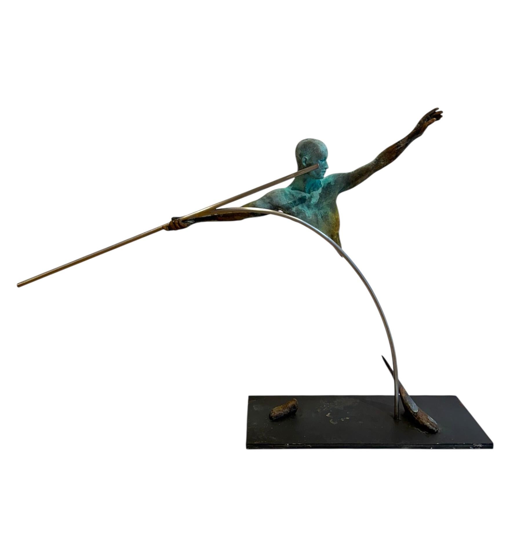 Jesus Curia Perez Figurative Sculpture - Lanza - Suspended Bronze Figure Throwing a Spear