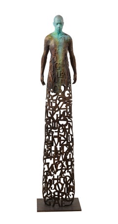 Nuntius - Bronze and Steel Sculpture with Figure and See Through "Word" Garment