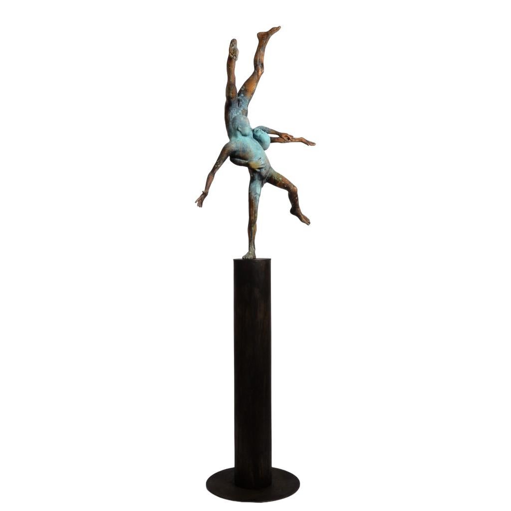 Pugnatum III- Bronze Figures Wrestling Each Other, Verdigris Patina, Steel Base
