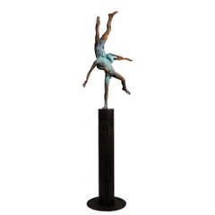 Pugnatum III- Bronze Figures Wrestling Each Other, Verdigris Patina, Steel Base
