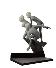 Race - Bronze Figures Poised to Start a Race, Grey Patina, Steel Base