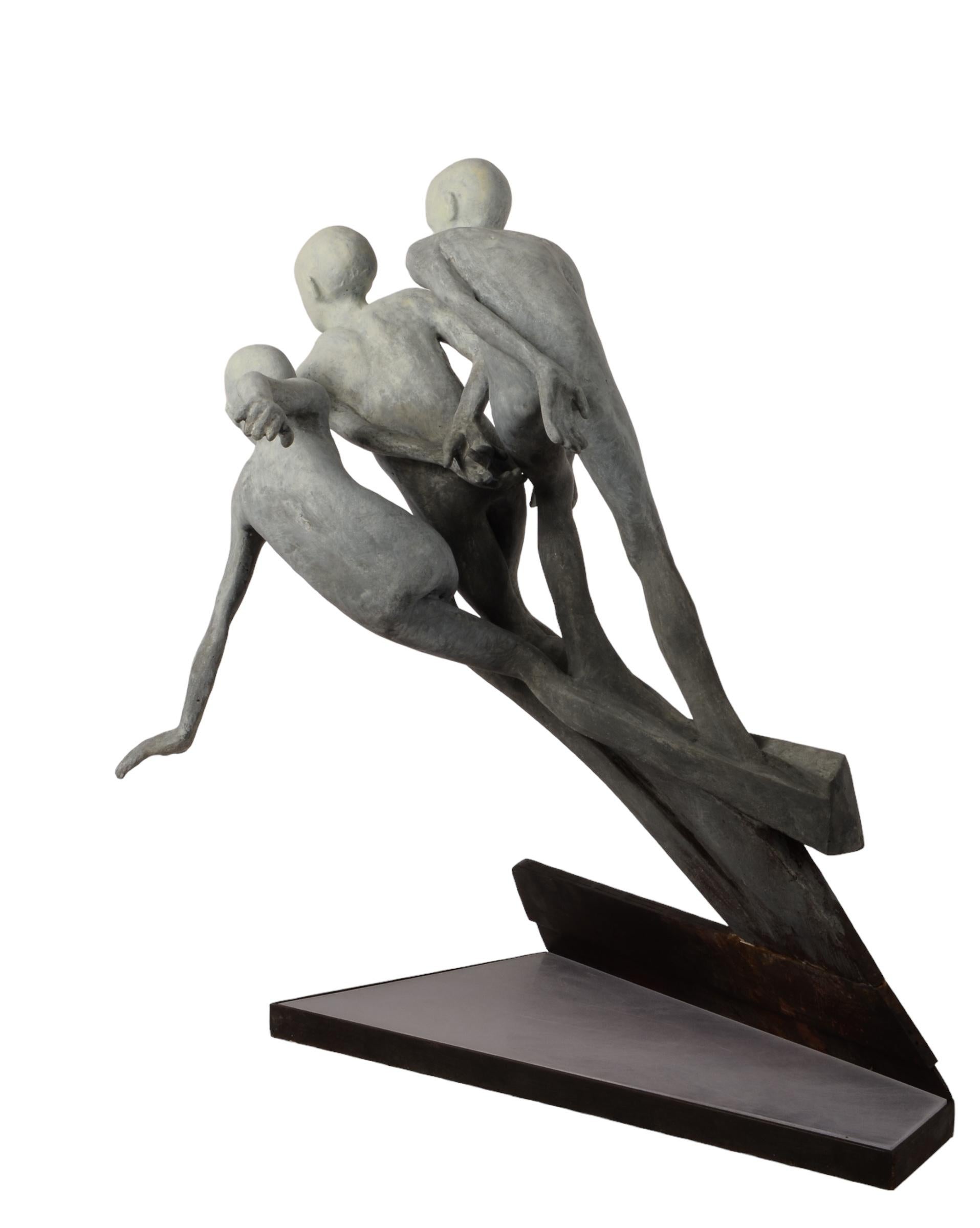 Race - Figures en bronze prêtes à commencer une course, patine grise, base en acier - Or Abstract Sculpture par Jesus Curia Perez