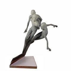 Race - Bronze Figures Poised to Start a Race, Grey Patina, Steel Base