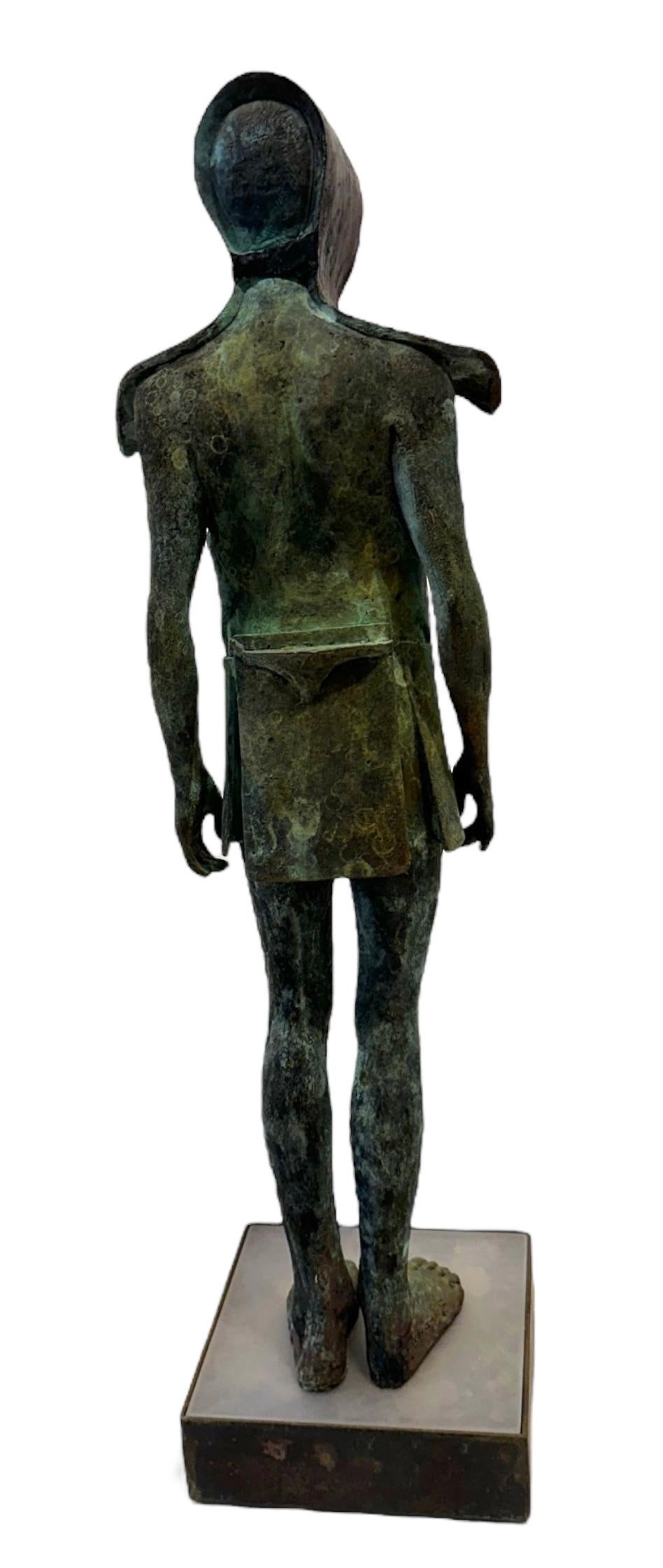 Samurai - Figura de bronce con casco , pátina verdigris, base de acero en venta 1