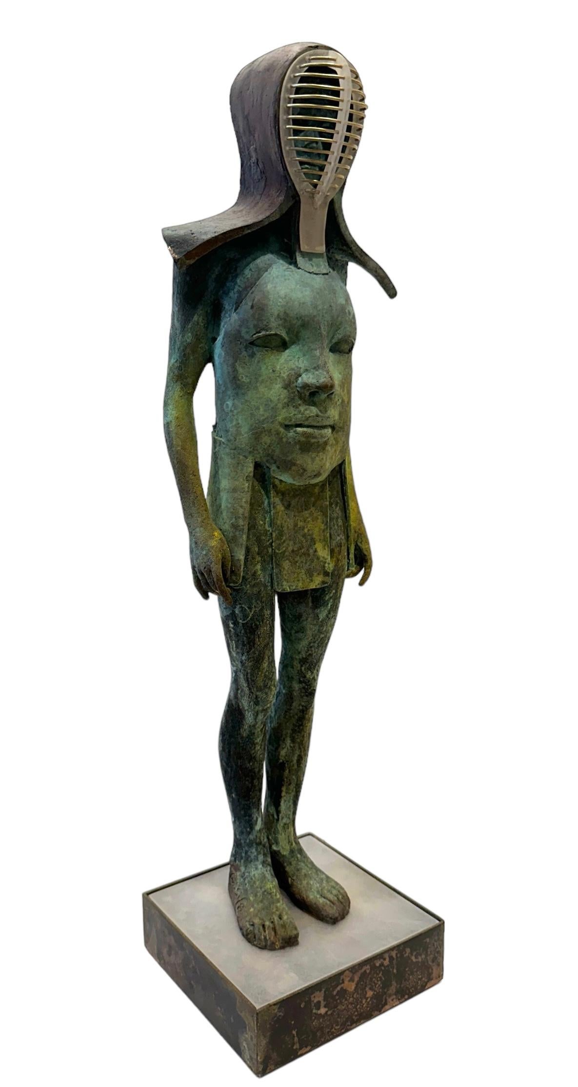 Samurai - Figura de bronce con casco , pátina verdigris, base de acero en venta 3