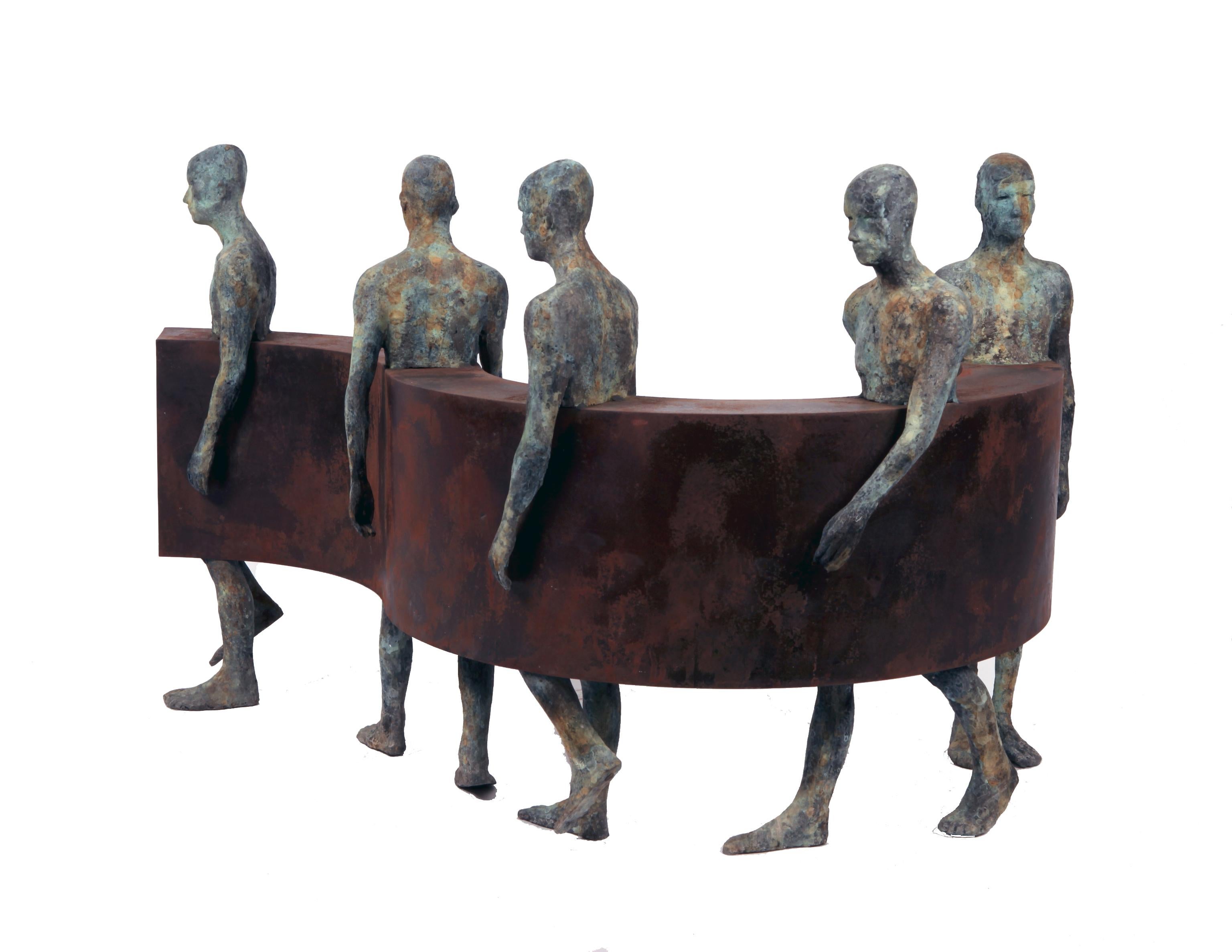 Jesus Curia Perez Abstract Sculpture - Sin Fin IV - Five Bronze Figures Walking Along a Steel Wave, Sculpture