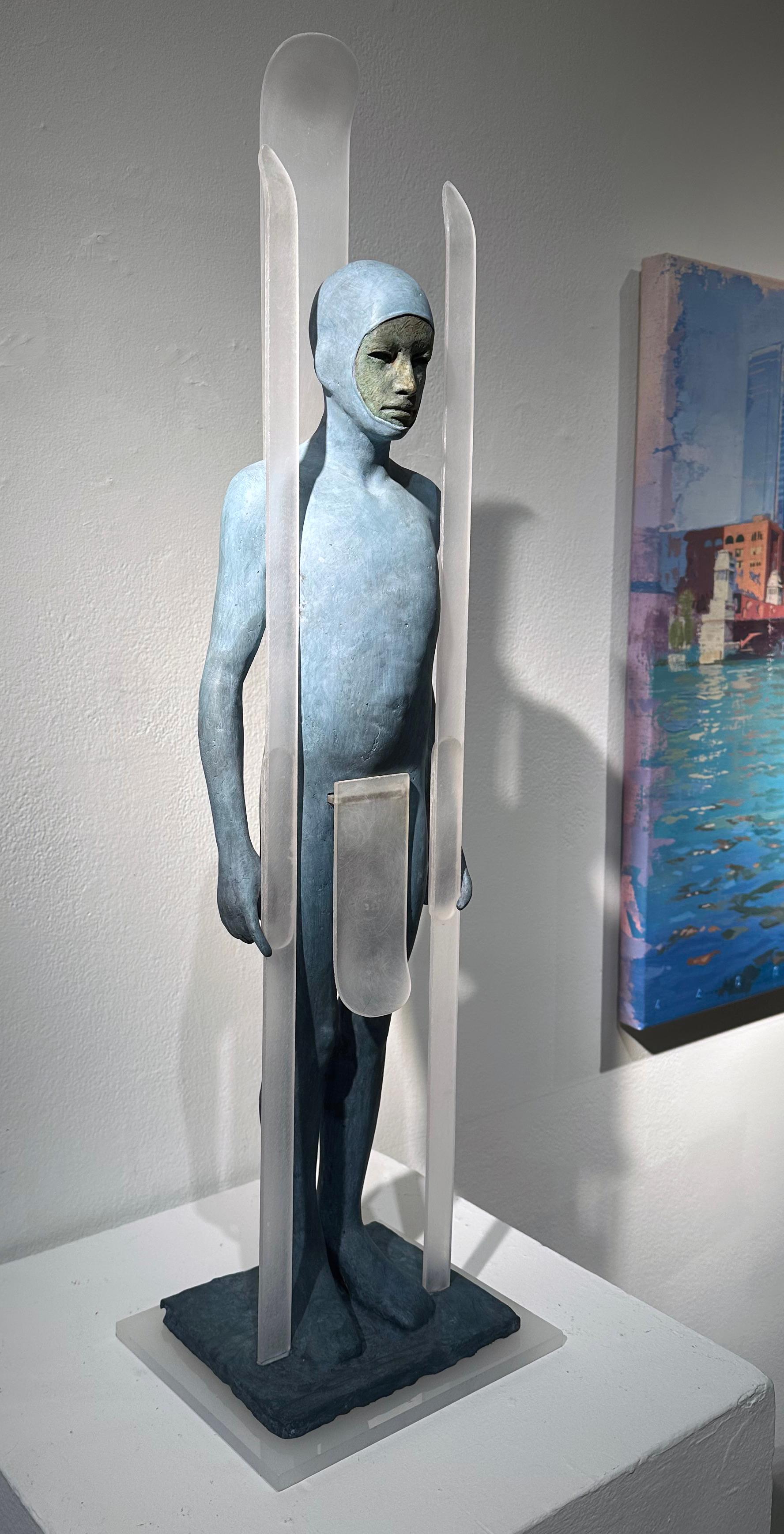 Snow - Hooded Bronze Figure with Skis, Light Blue Patina For Sale 5