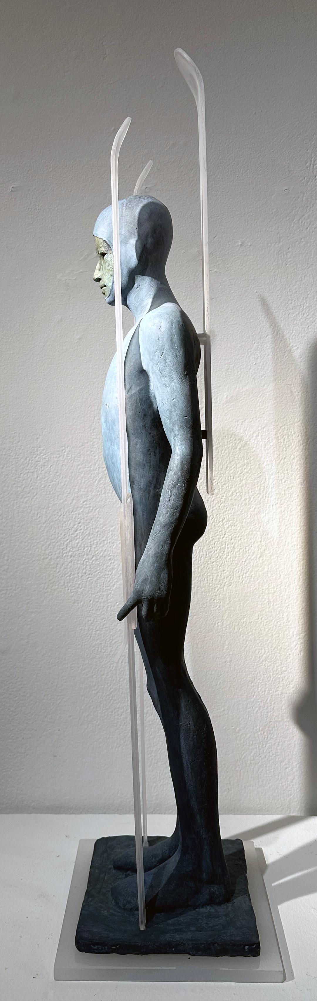 Snow - Hooded Bronze Figure with Skis, Light Blue Patina For Sale 6