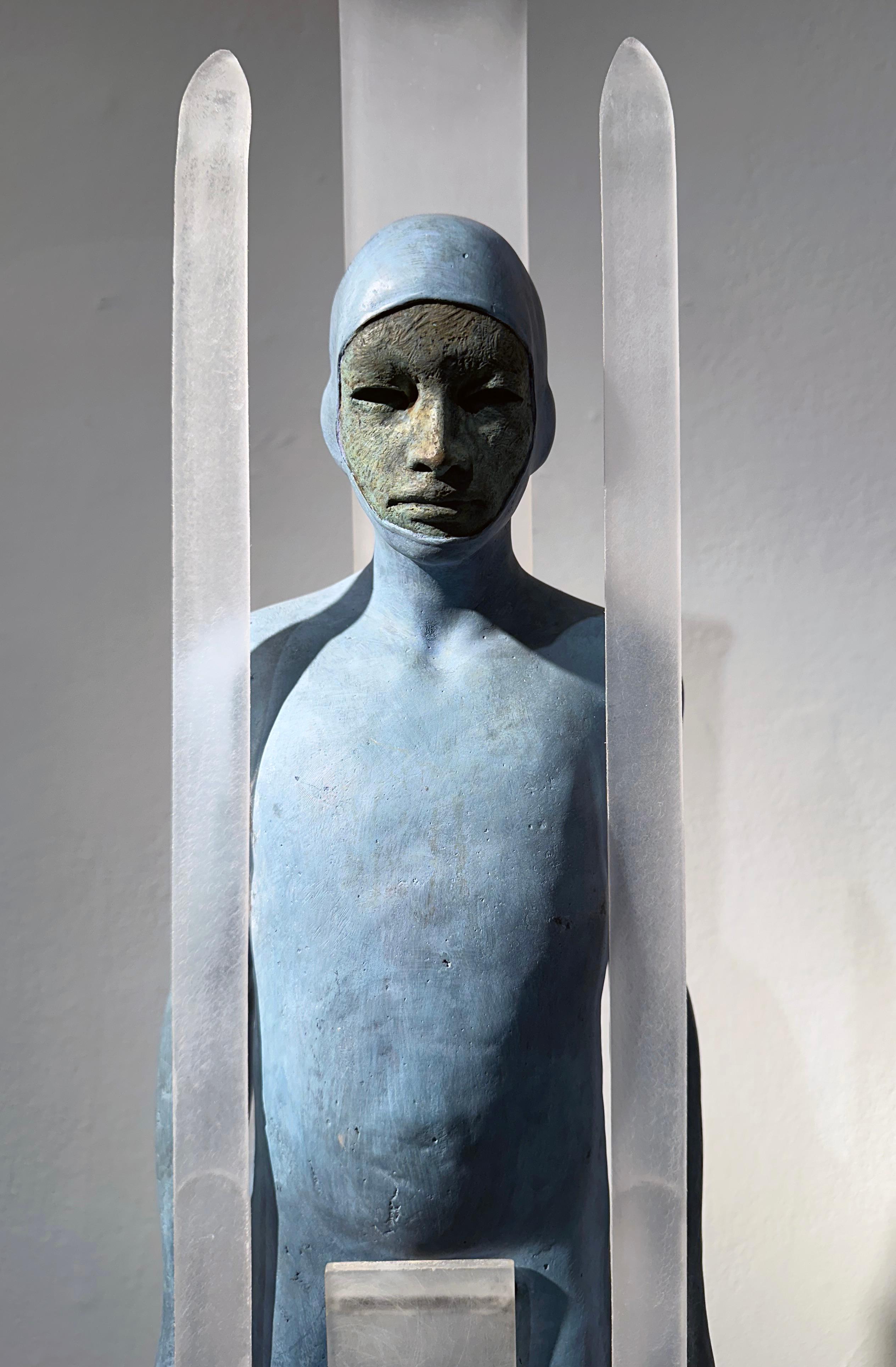 Snow - Hooded Bronze Figure with Skis, Light Blue Patina For Sale 8