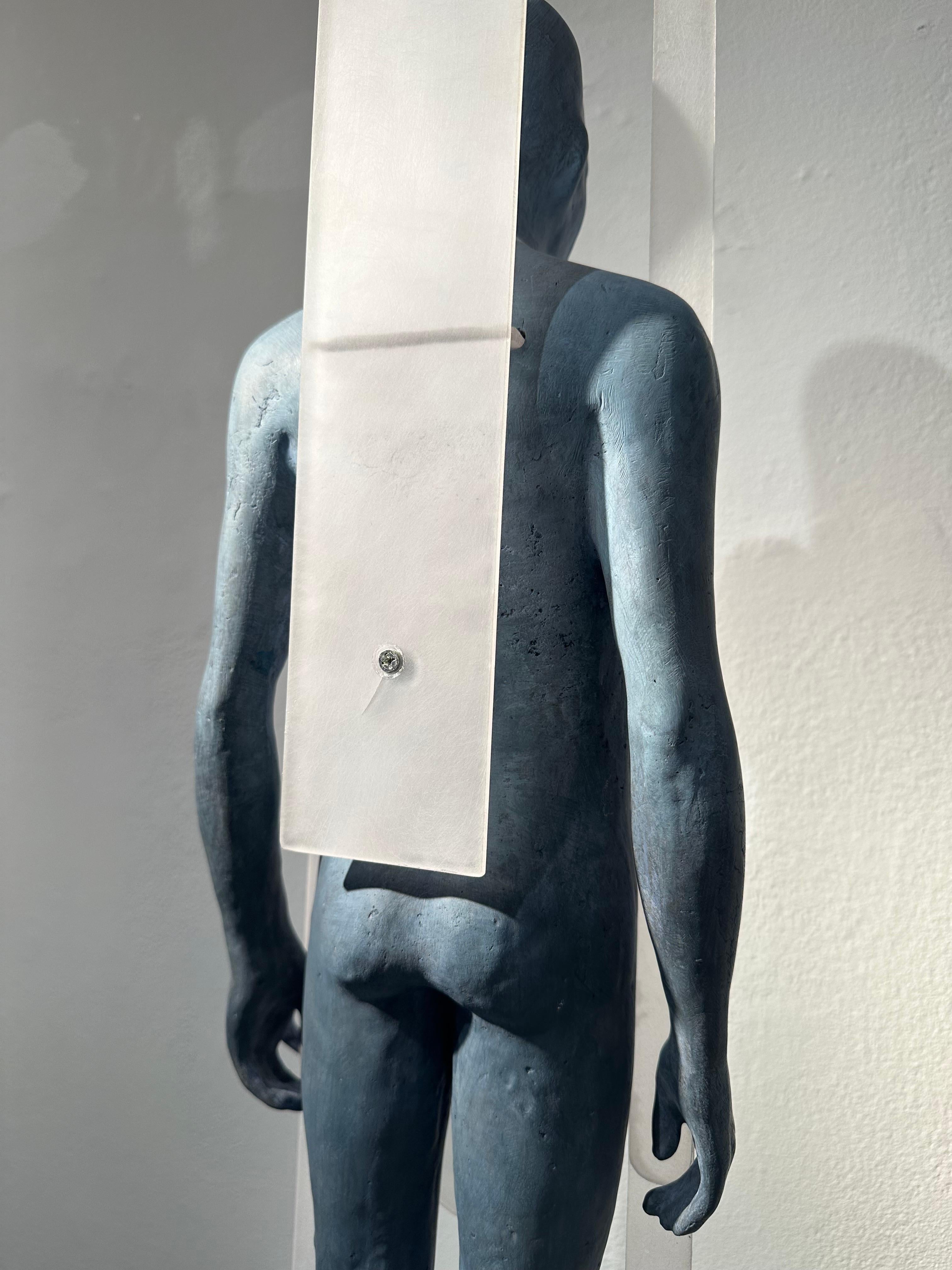 Snow - Hooded Bronze Figure with Skis, Light Blue Patina For Sale 1