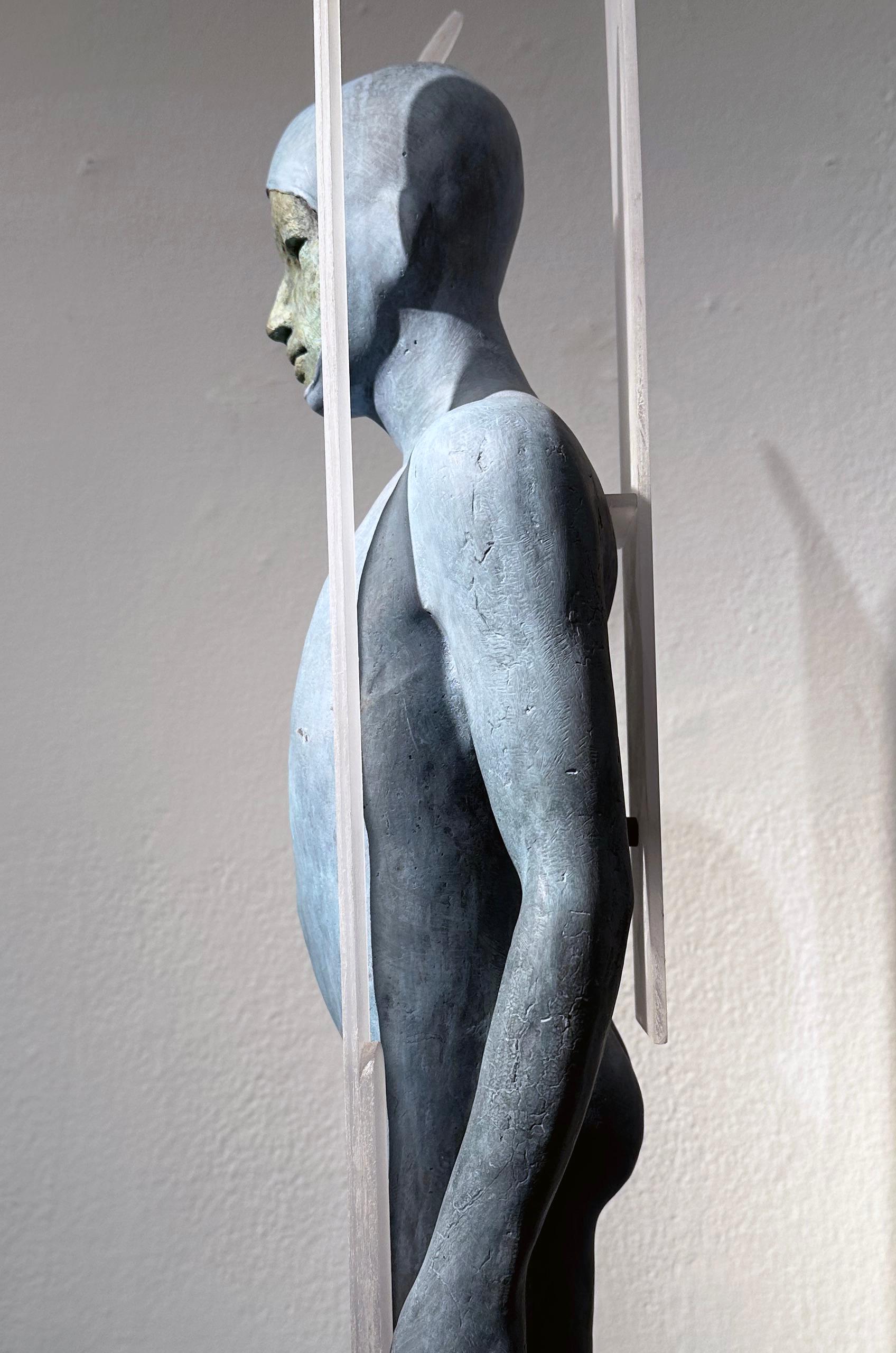 Snow - Hooded Bronze Figure with Skis, Light Blue Patina For Sale 3