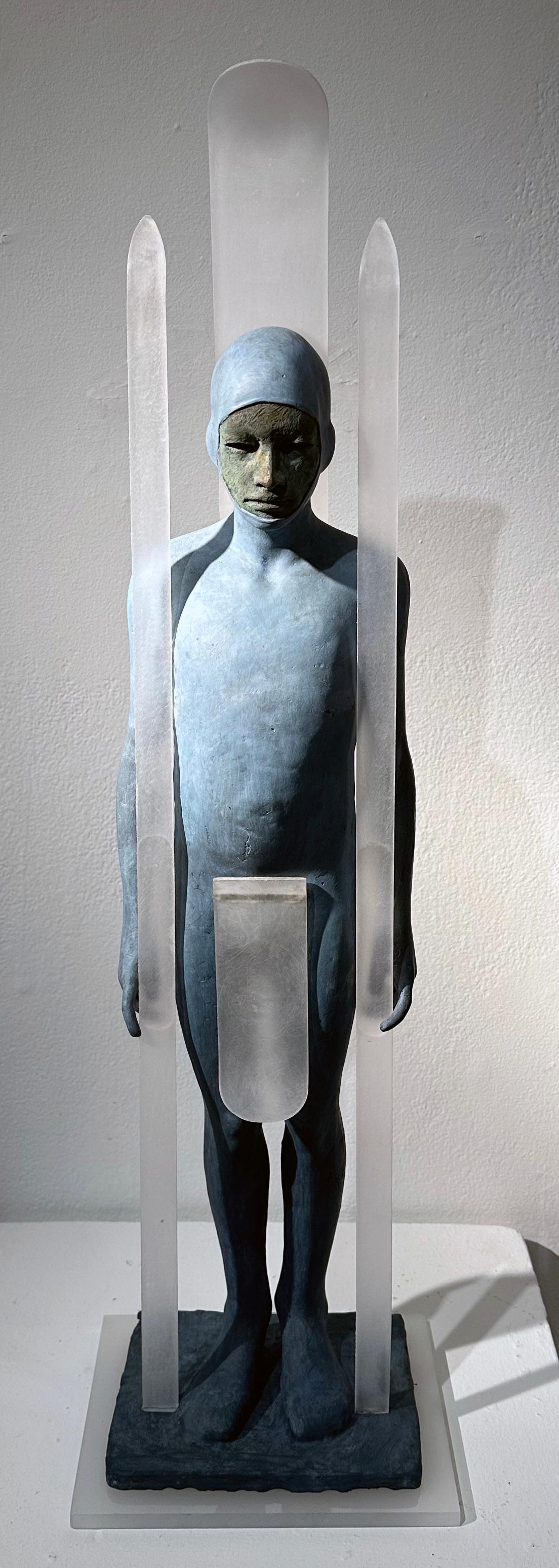 Snow - Hooded Bronze Figure with Skis, Light Blue Patina For Sale 4