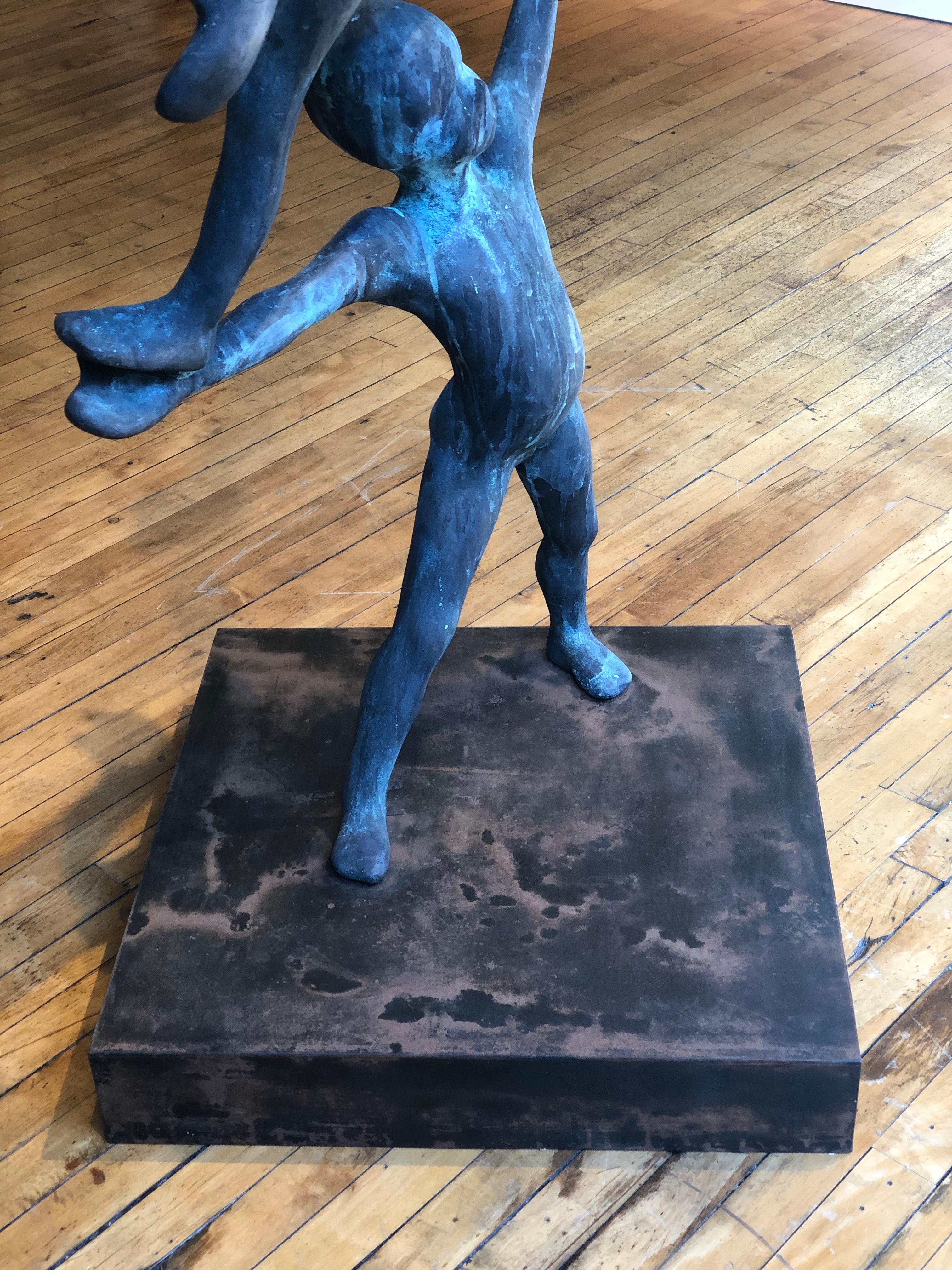 Trio III -  Bronze Indoor or Outdoor Large Sculpture with 3 Balancing Figures - Gold Figurative Sculpture by Jesus Curia Perez