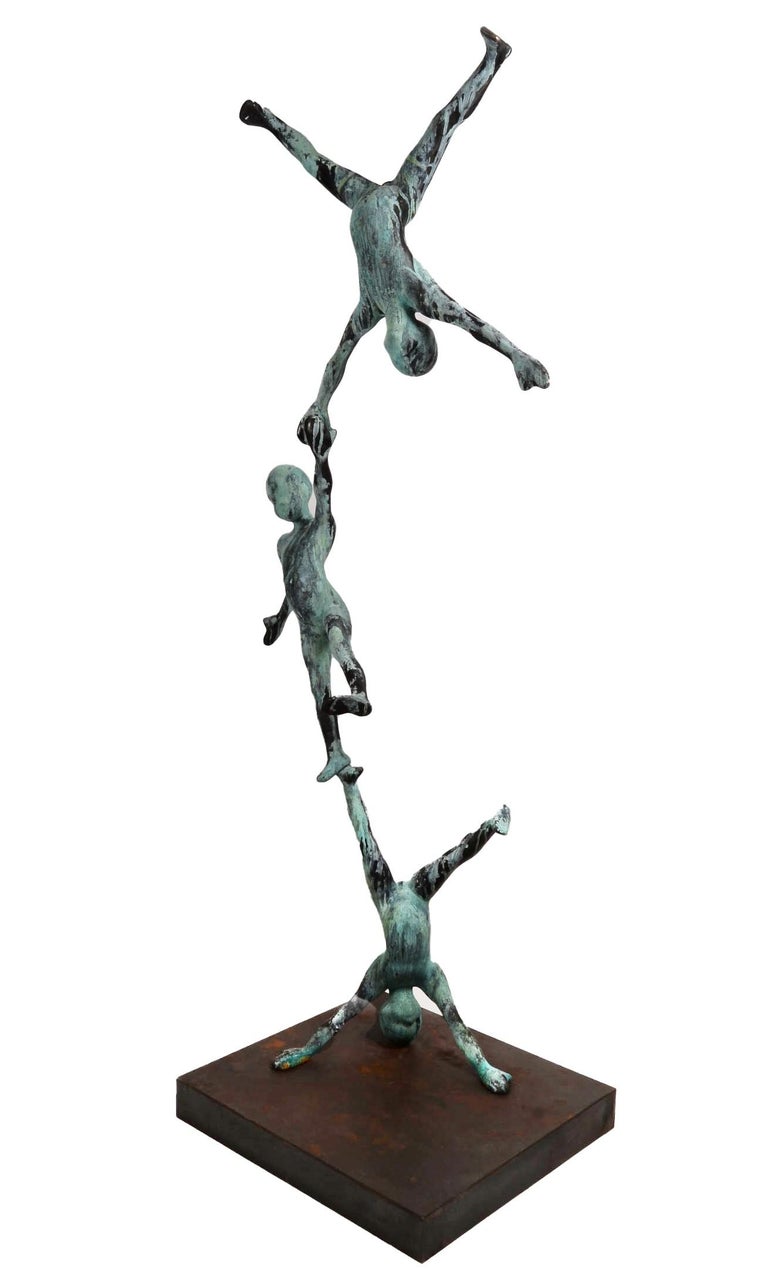 Trio VI - Monumental Bronze Sculpture With Three Balancing Acrobat Figures  - Gold Nude Sculpture by Jesus Curia Perez