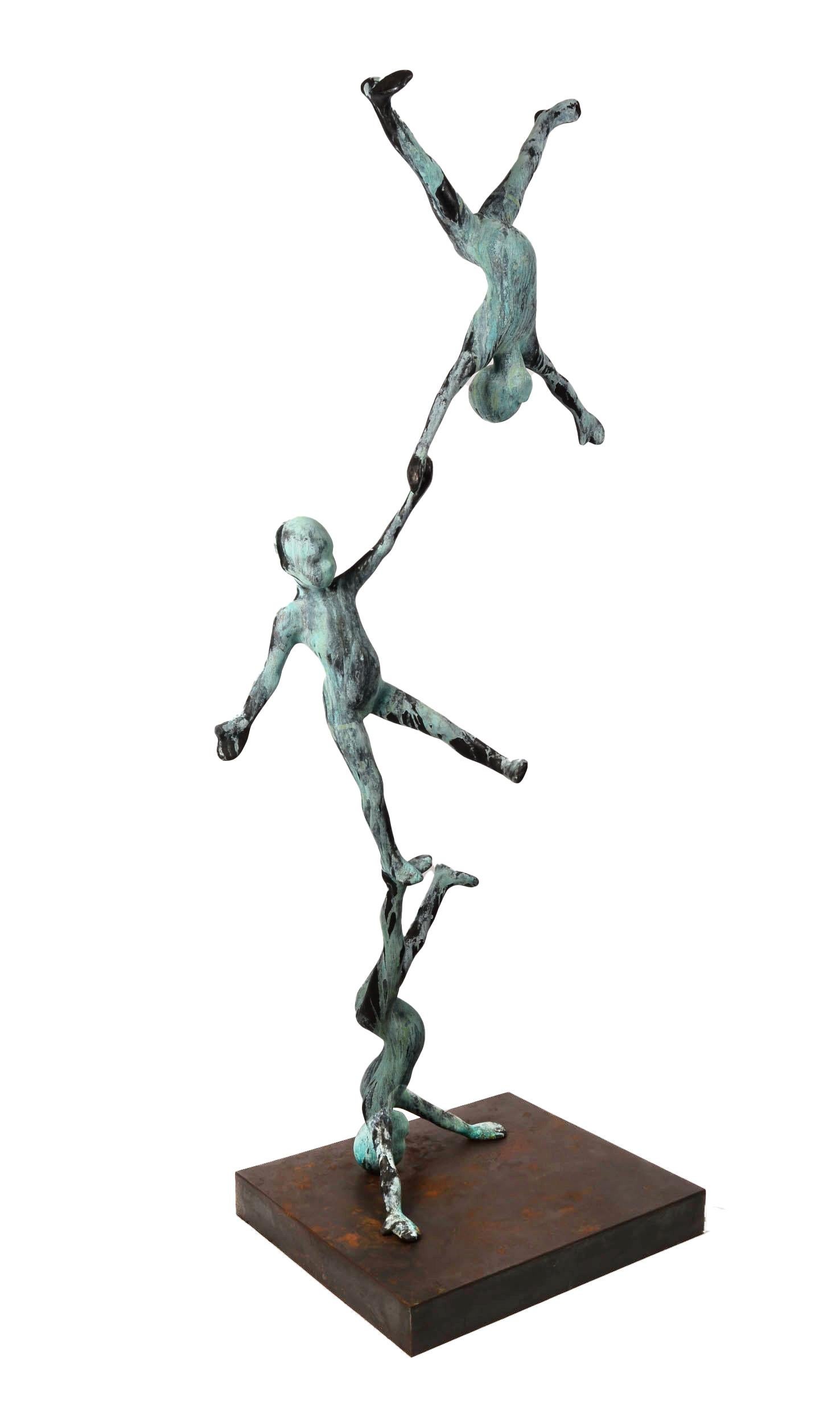 This monumental bronze sculpture by Jesús Curiá features three youthful acrobats in a feat of coordination and balance.  The composition of stacked figures appear playful and innocent.  A beautiful vert-de-gris patina drips down the figures further