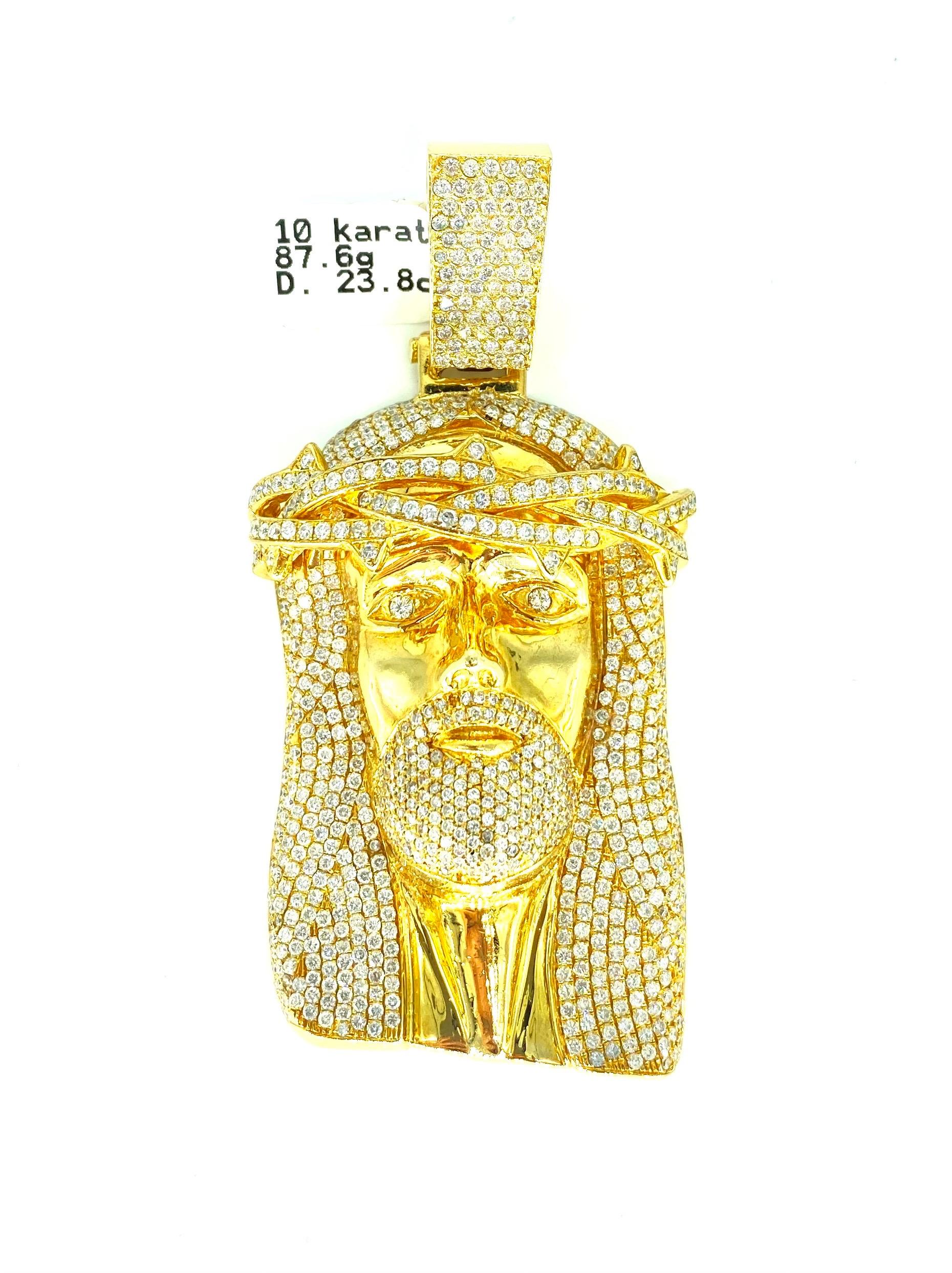 Round Cut Jesus Face 23.80 Carat Diamonds Pendant Heavy Tall Solid Gold For Sale