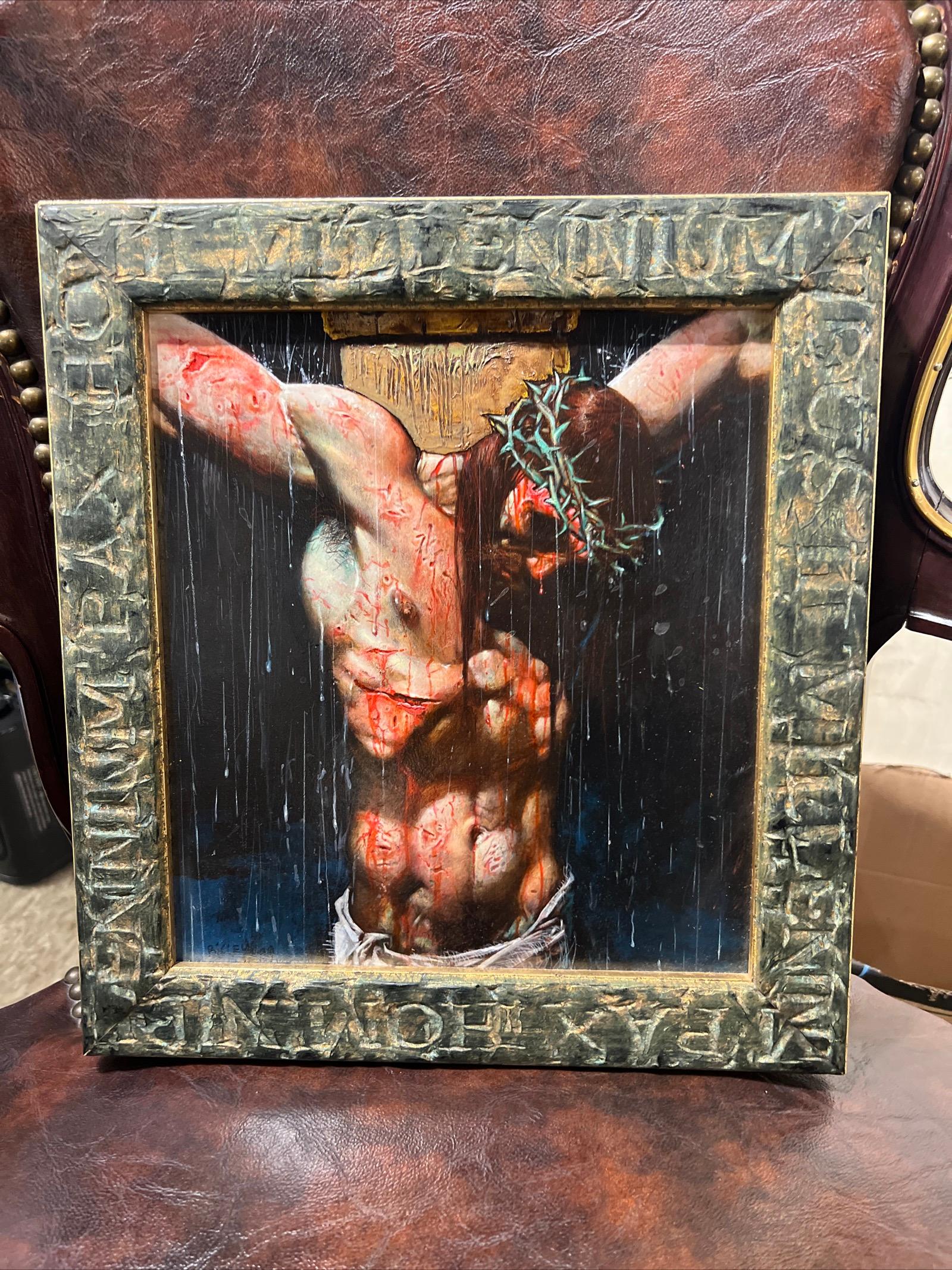

ORIGINAL acrylic On Board Illustrator SIMON BISLEY ART Jesus

Christ


A first appearance of a rare subject in Mr.Bisley’s oeuvre.


Jesus in agony… no holds barred


This work in its initial public offering is enhanced by trompe l'oeil