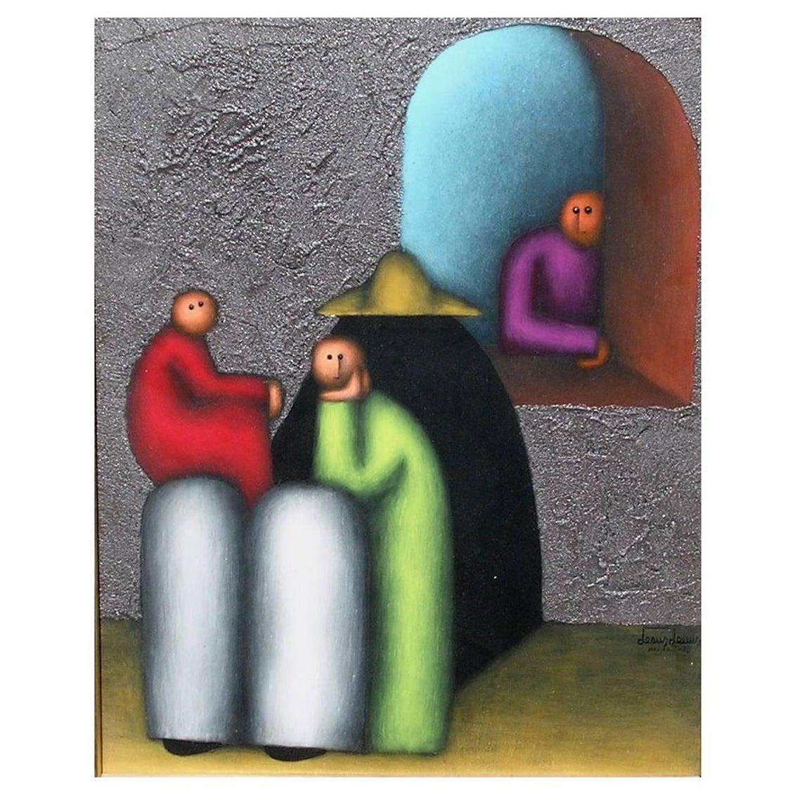 Peinture mexicaine moderne - acrylique sur Masonite par Jesus Leuus (1948-)
Cette peinture est en excellent état et est signée et datée en bas à droite.
La peinture mesure : 19 1/2" H x 13 5/8" L
Simplement encadré. 

Il a grandi à El Paso, au
