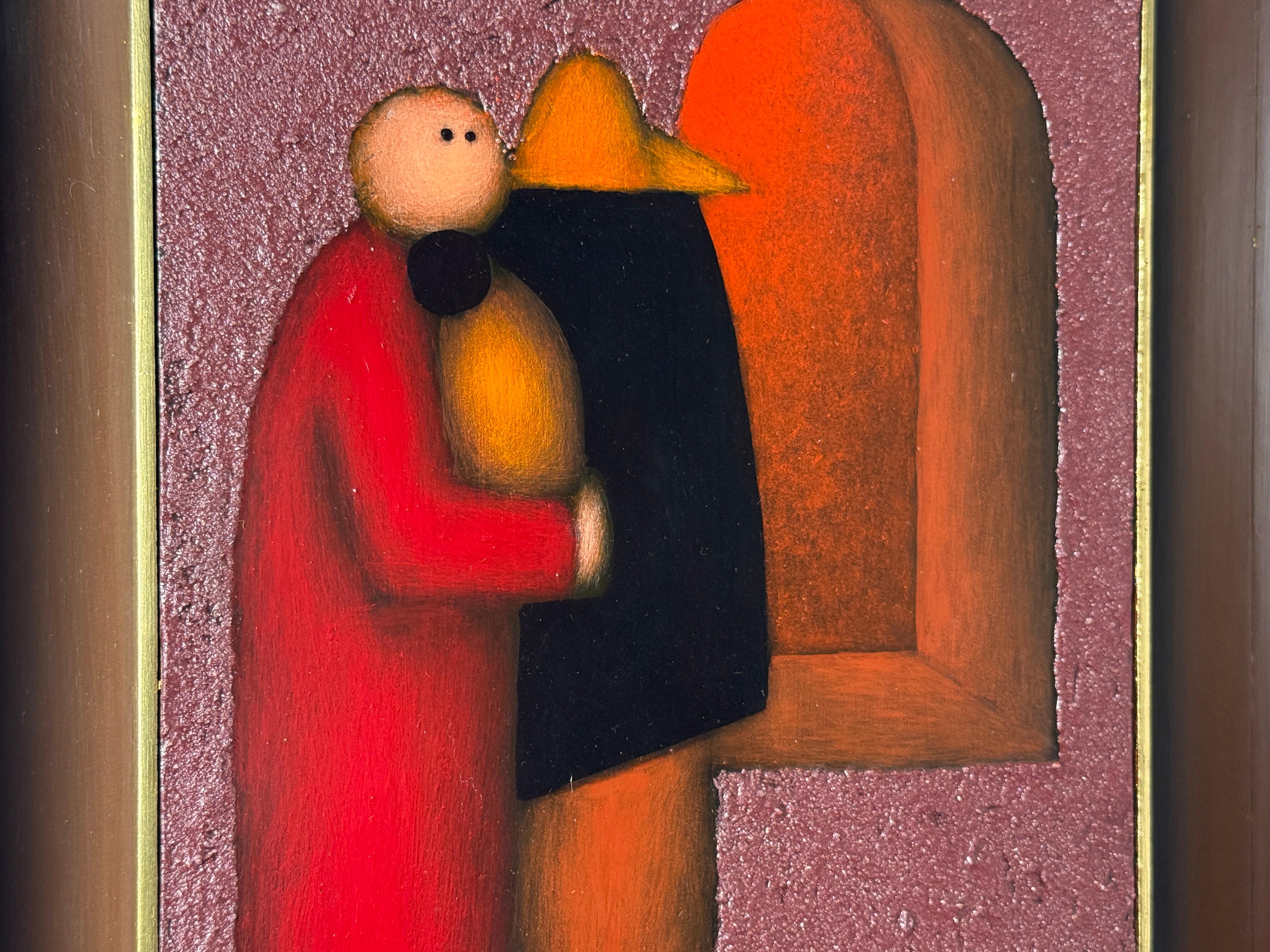 Jesus Mariano Leuus
Öl und Sand auf Masonit
Unbetitelt, 1977

Gemischte Medienarbeit, die zwei Figuren mit einem Kind in einer architektonischen Szene zeigt
Signiert und datiert unten rechts
Original vergoldete Holzeinrahmung

13 Zoll