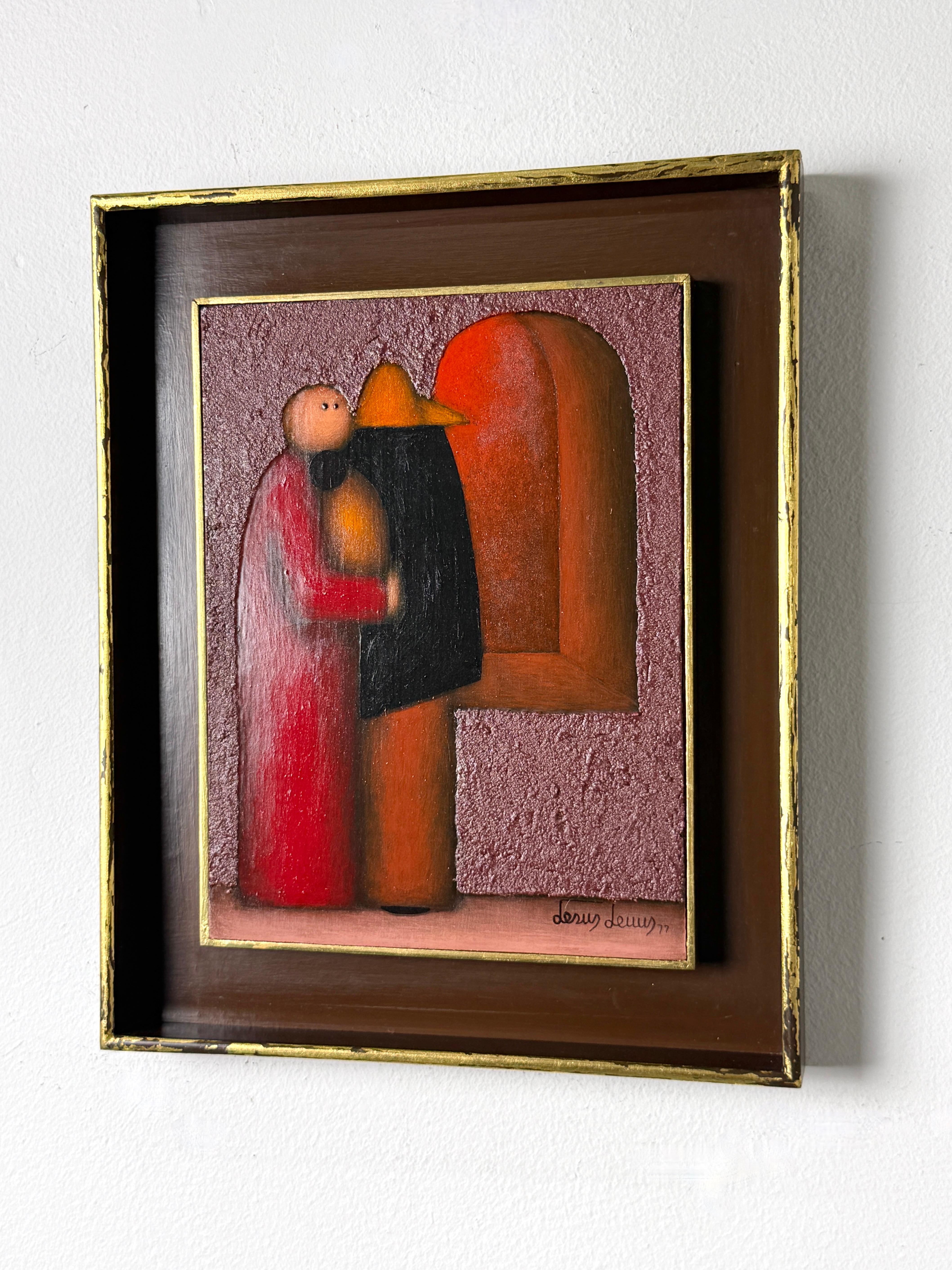 Jesus Mariano Leuus Surrealist Figurales Ölgemälde Mexiko 1977 (Mexikanisch) im Angebot