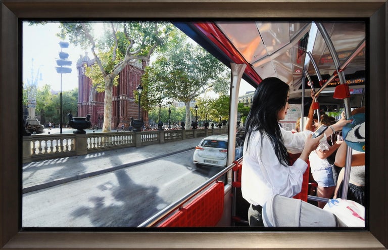 "Arco del Triunfo Barcelona" by Jesus Navarro is an original hyperrealism cityscape measuring 24x39 in. A lady in a white blouse is browsing her phone as she rides the trolly pass The Arc de Triomf. The Arc was built as the gateway to the fair which