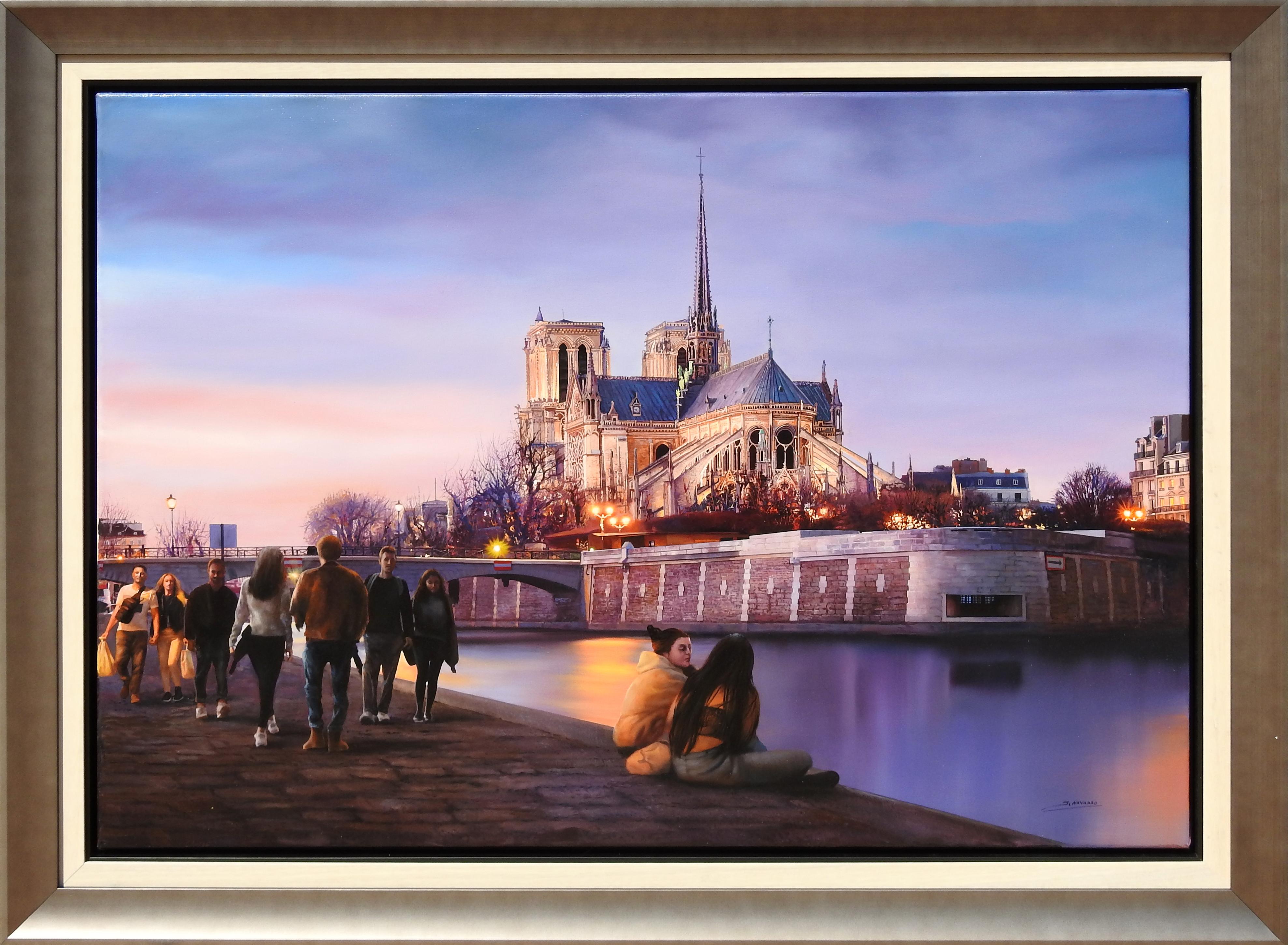 "Notre Dame at Sunset", Jesus Navarro, Realism, 28x39 in., Original Oil Canvas