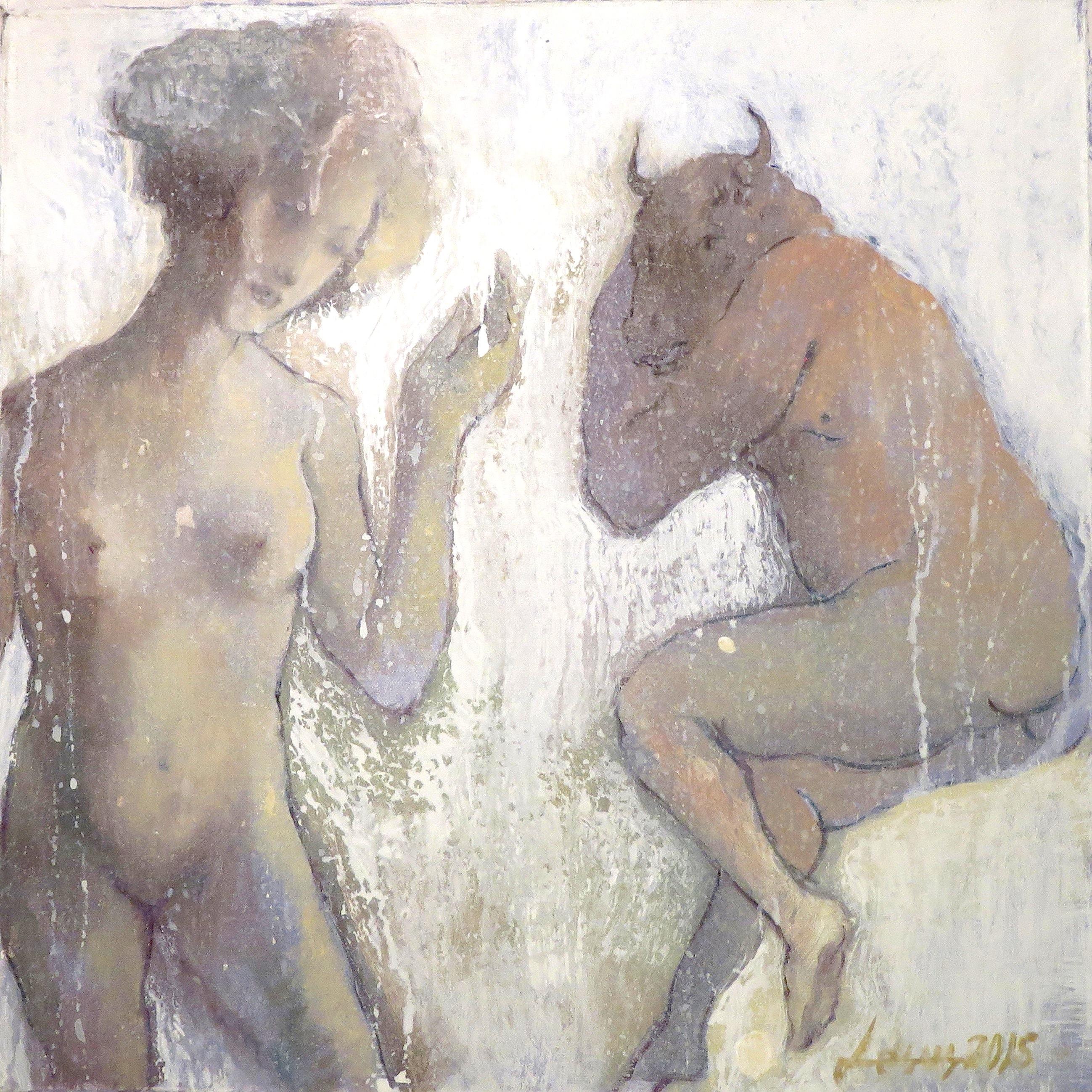 Jesus Nodarse Figurative Painting - Nude Women with Resting Minotaur - Neutral White Oil Canvas