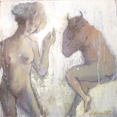 Donna nuda con minotauro in riposo - Tela ad olio bianca neutra