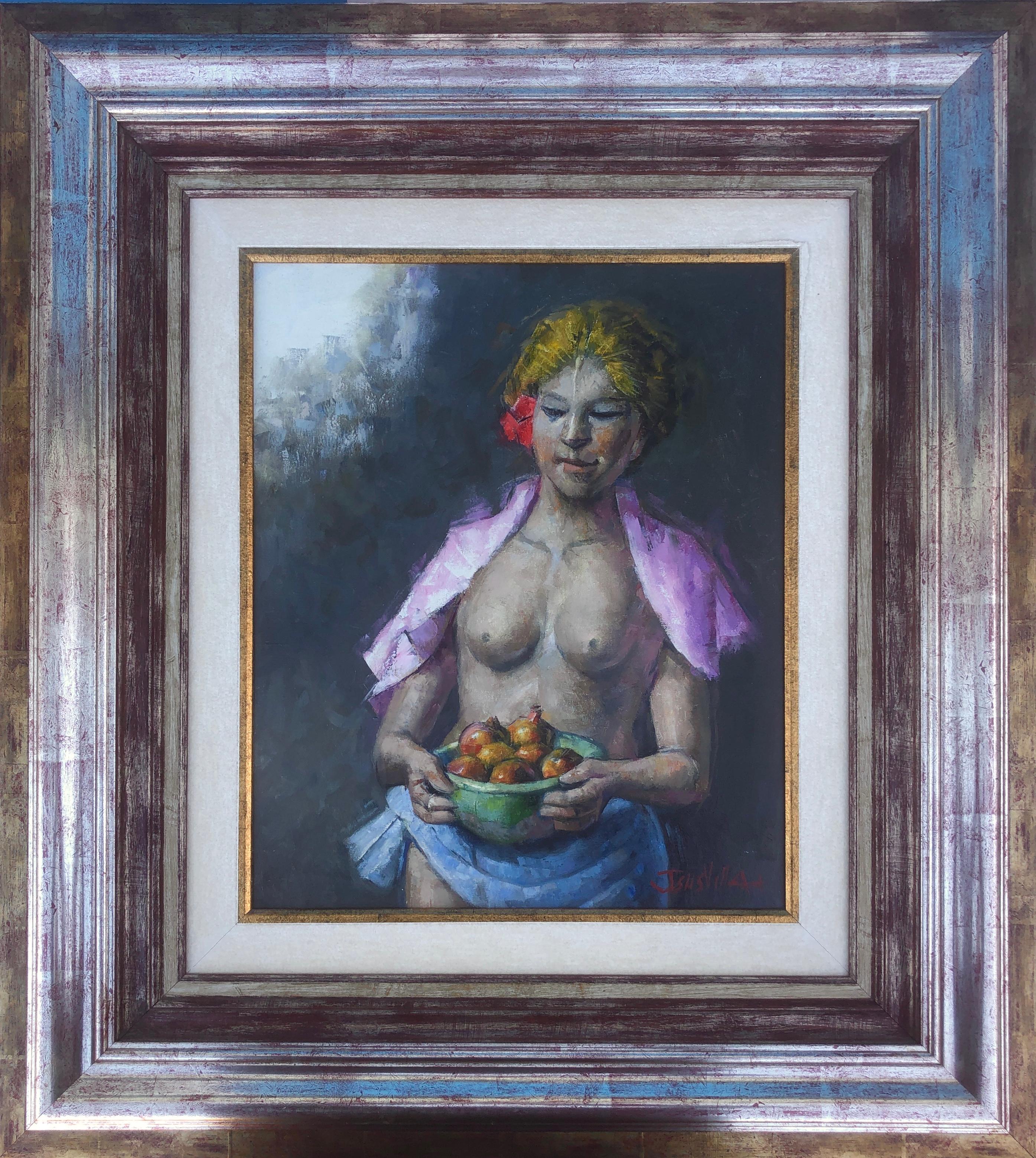 female nude with fruit oil on canvas painting - Painting by Jesus Villar