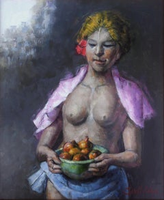Vintage female nude with fruit oil on canvas painting