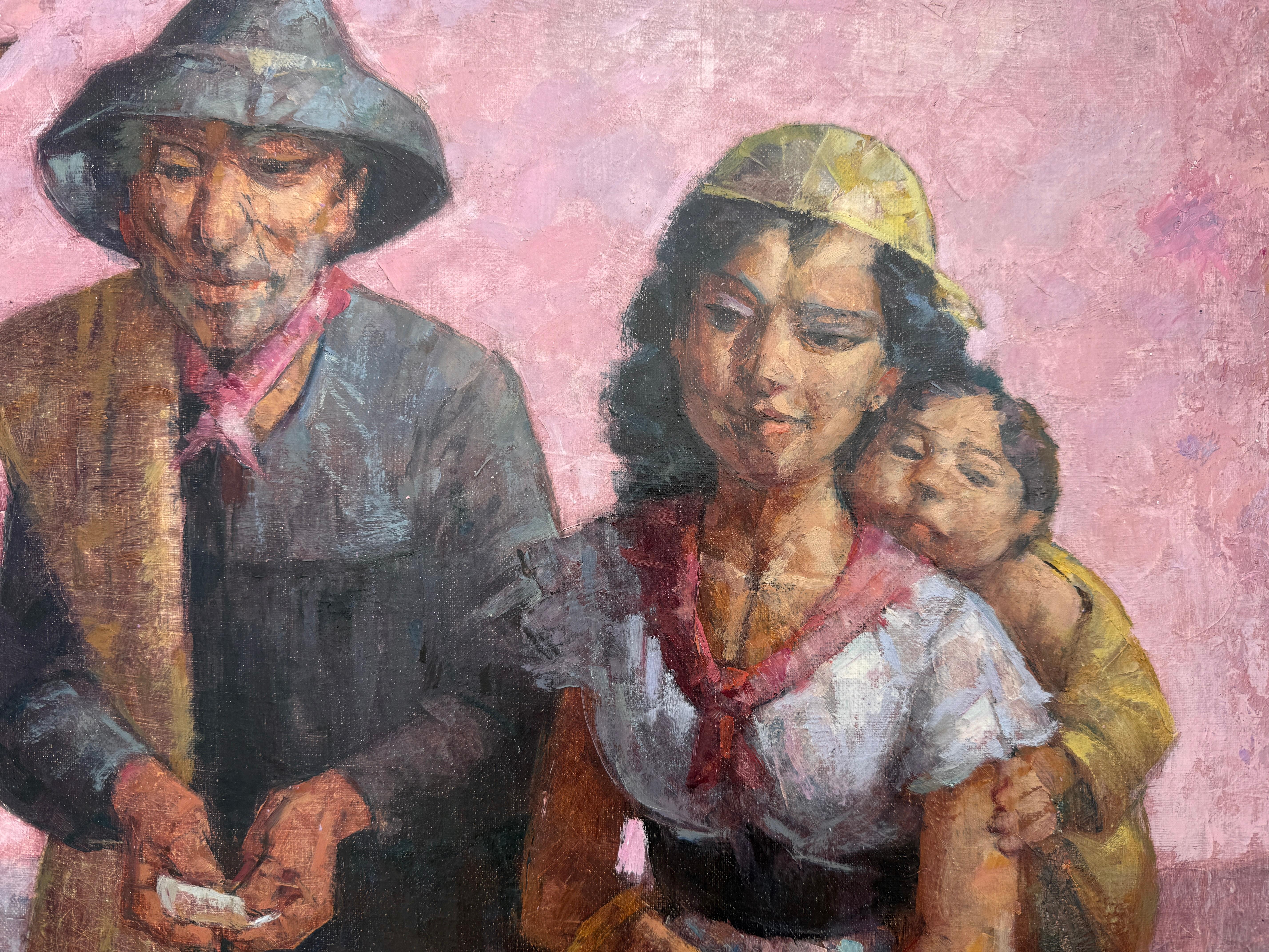 Familia campesina óleo sobre lienzo pintura Andalucia España - Figurative Painting Marrón de Jesus Villar