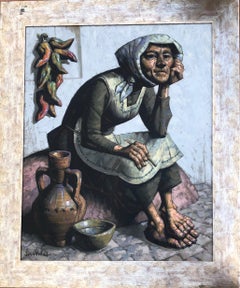 Spanish old woman oil on canvas painting Andalusia Spain