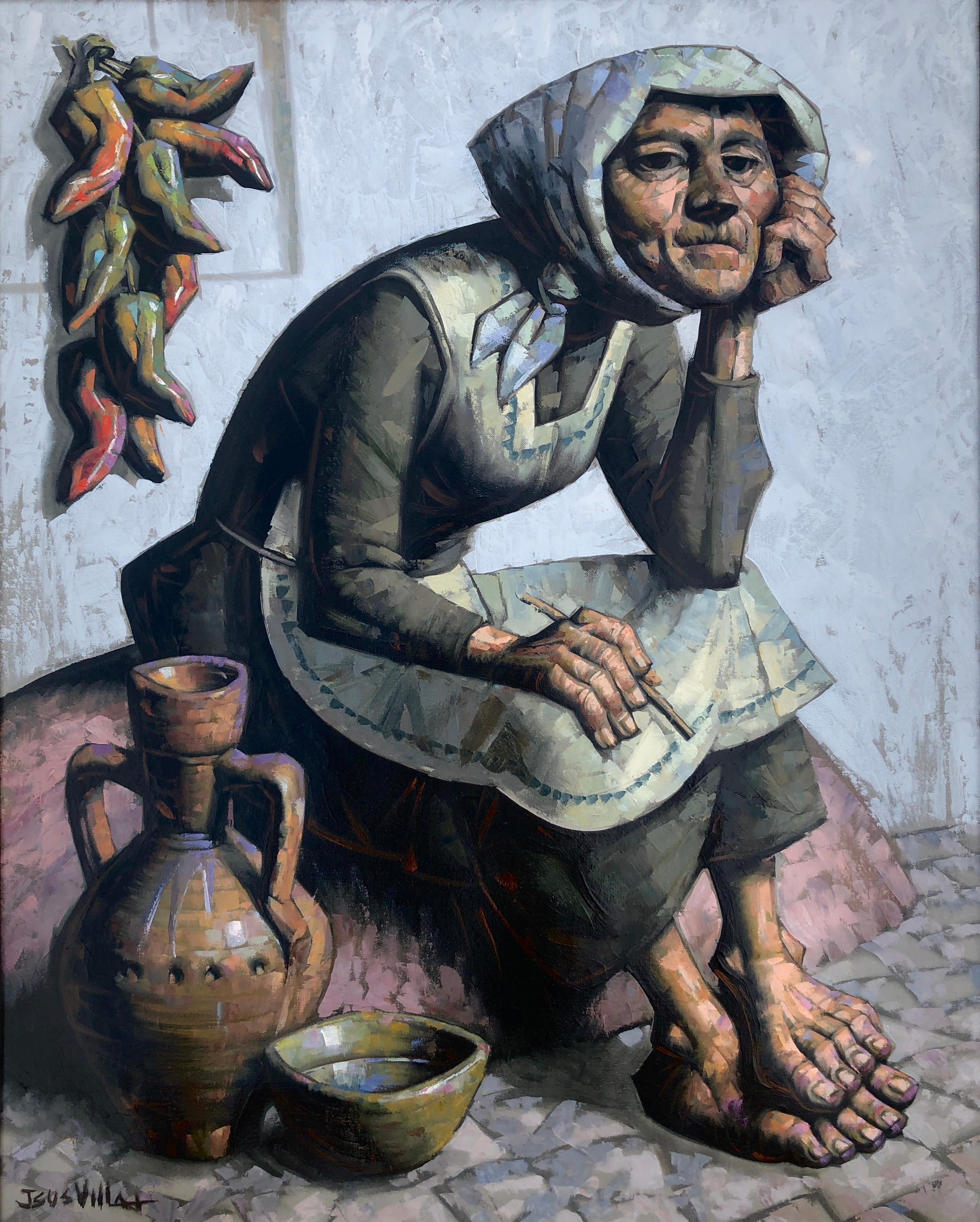 Portrait Painting de Jesus Villar - Anciana española óleo sobre lienzo pintura Andalucía España