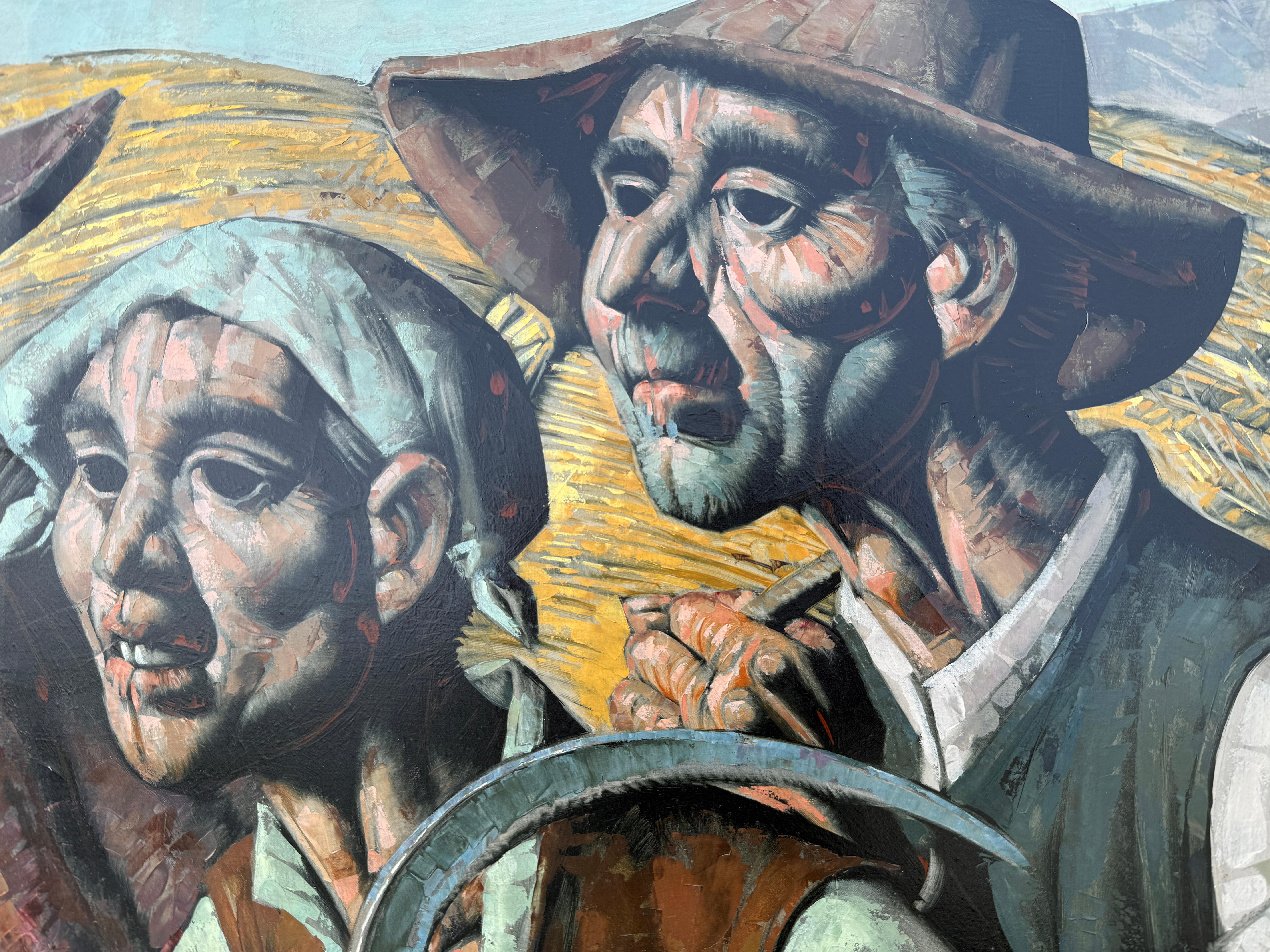 Harvesters huile sur toile peinture Espagne art européen - Gris Animal Painting par Jesus Villar
