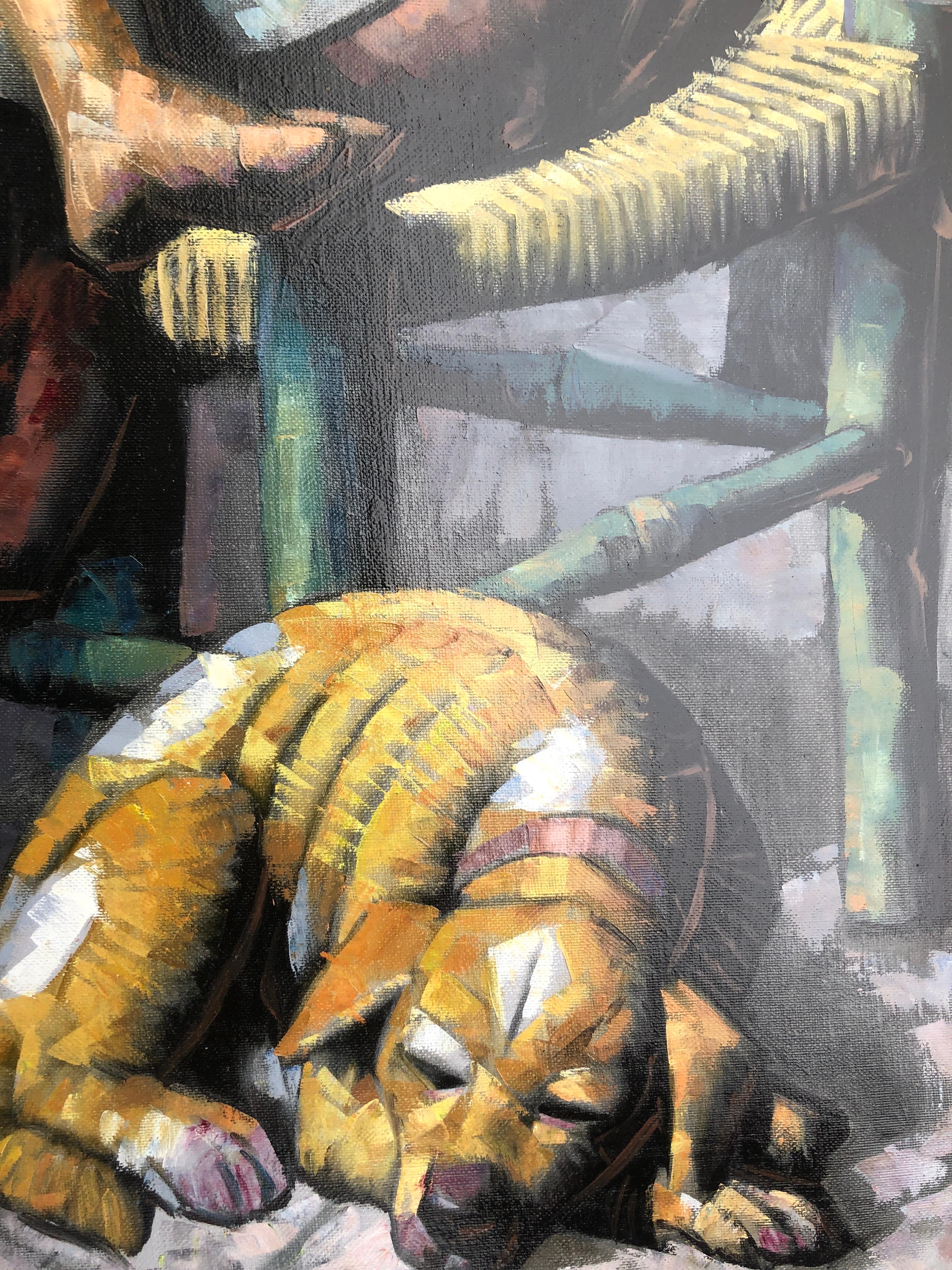 Maternity oil on canvas painting woman child dog - Gray Figurative Painting by Jesus Villar