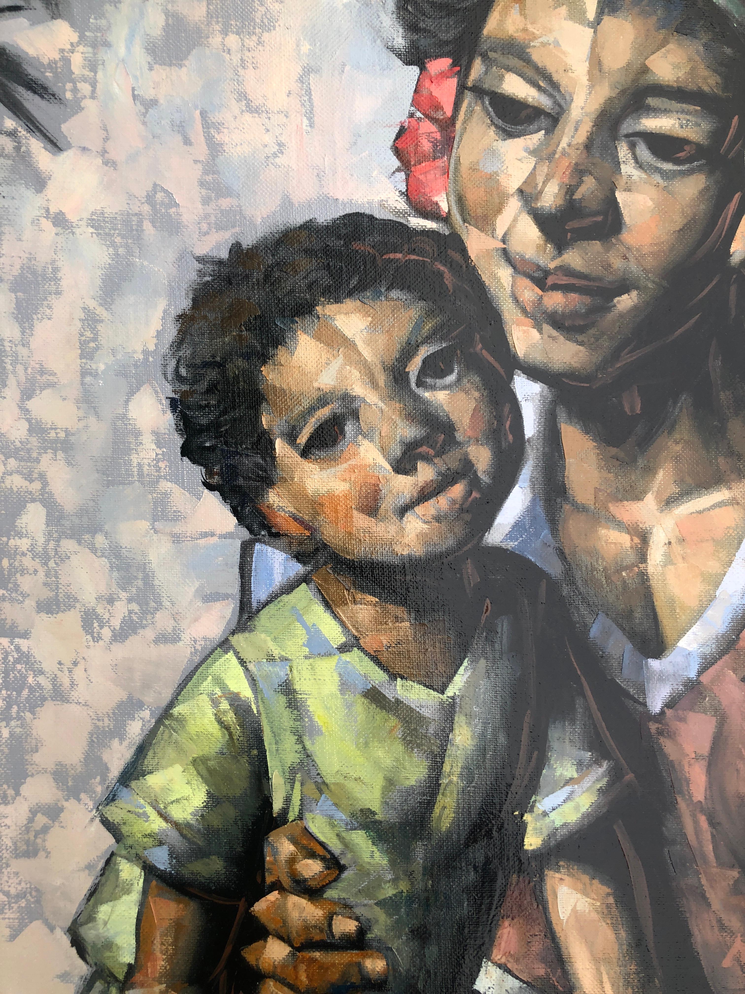 Title: Maternity
Artist: Jesús Villar
Date: c. 1980
Technique: Oil on linen canvas
Dimensions: 36.2 x 28.7 inches (unframed)
Signature: Signed in the lower left corner
Reverse: Handwritten inscription with the title Maternity and