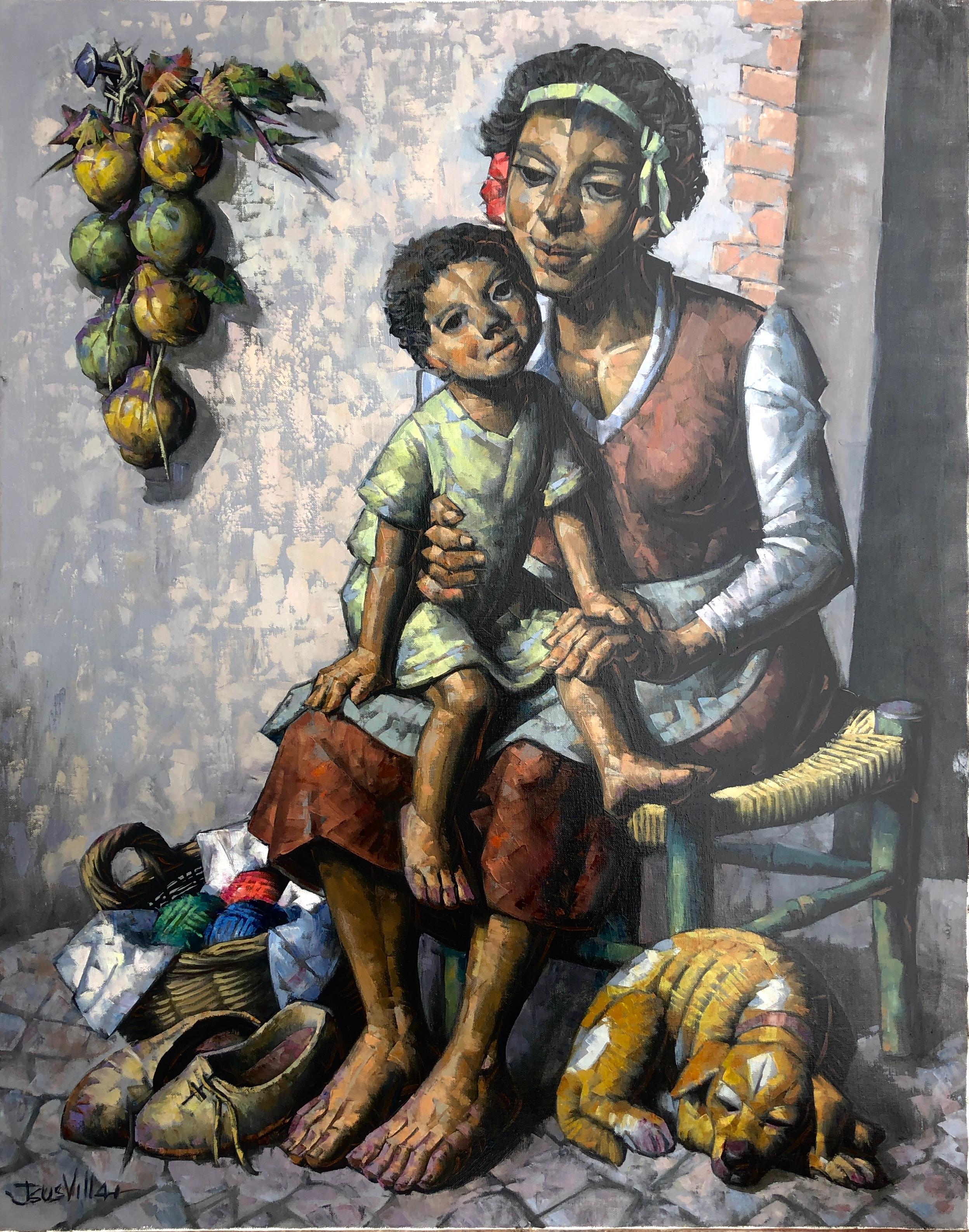 Jesus Villar Figurative Painting - Maternity oil on canvas painting woman child dog
