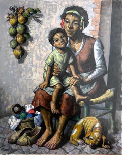 Maternity oil on canvas painting woman child dog